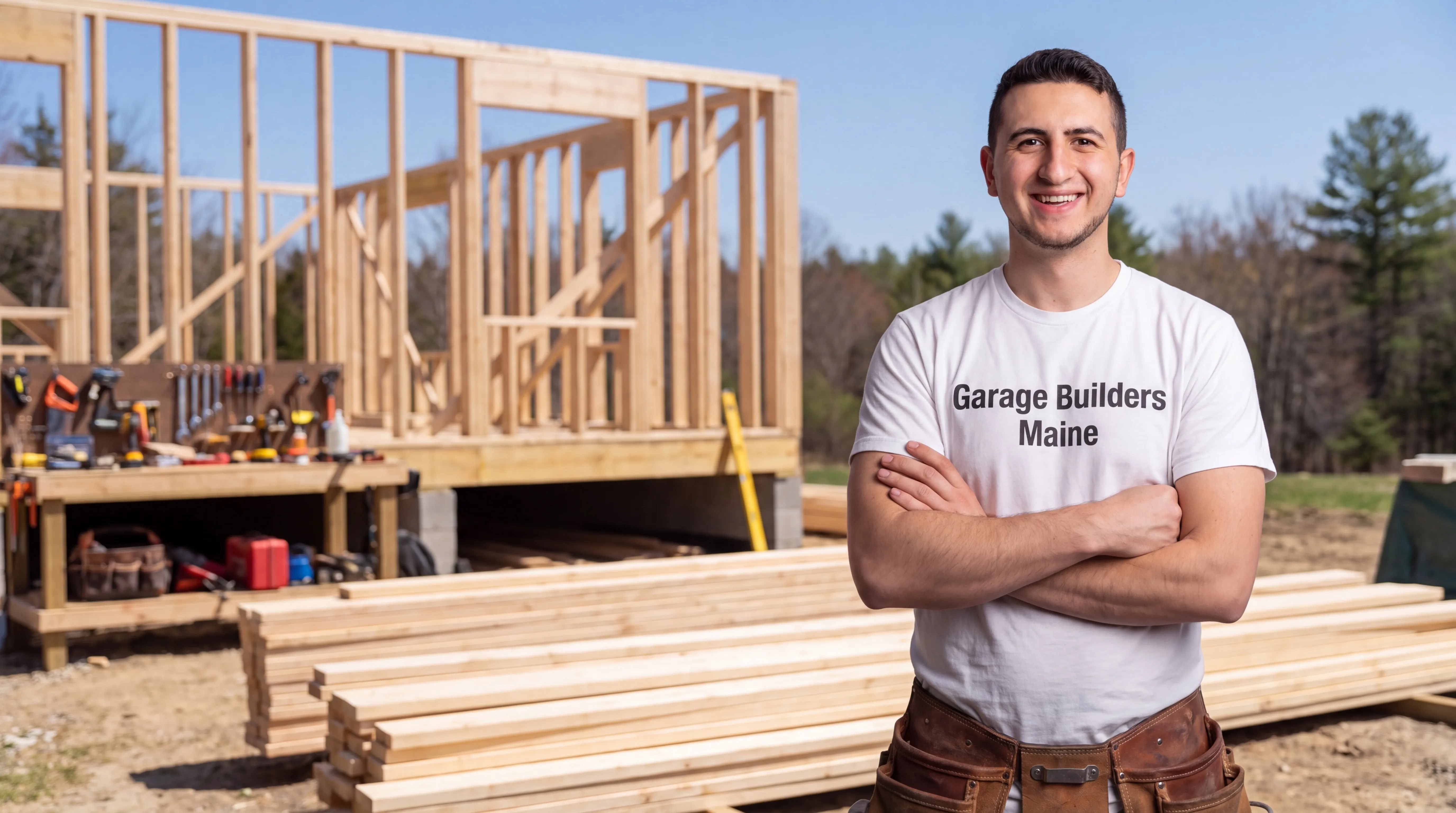 Owner of Garage Builders Maine standing with his arms crossed and smiling at a Maine job site