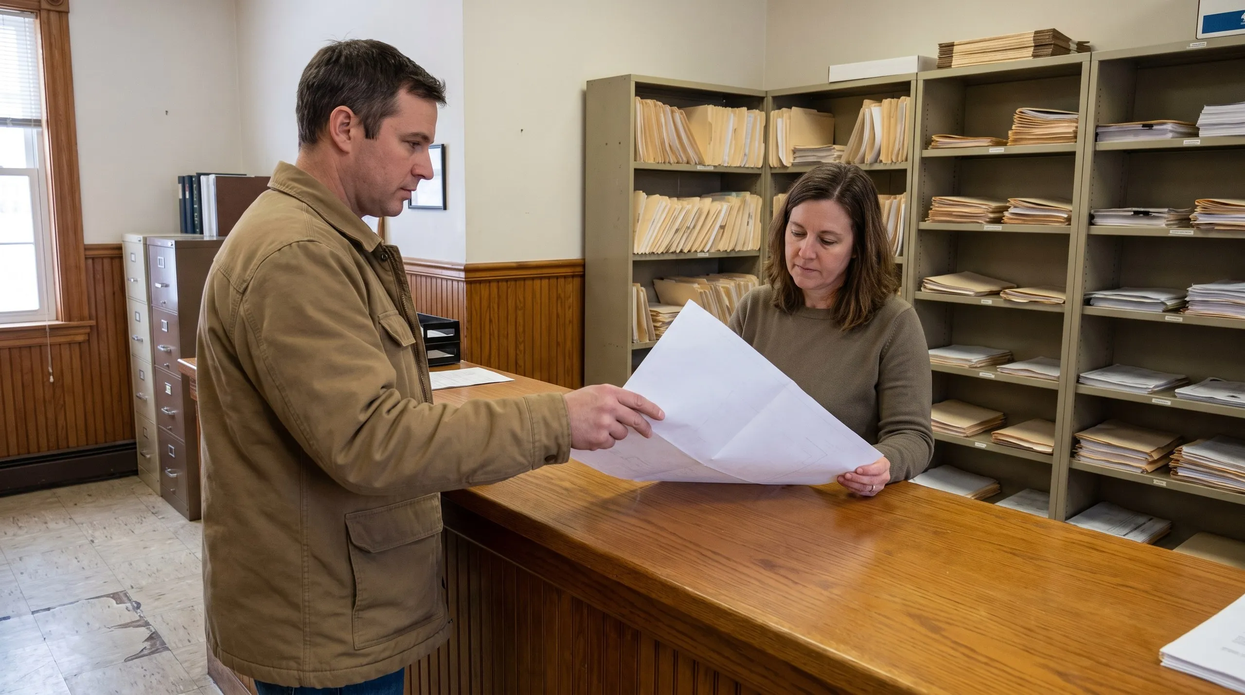 Construction company Vassalboro Maine: contractor and clerk look over a large plan sheet at an office counter backed by file shelves