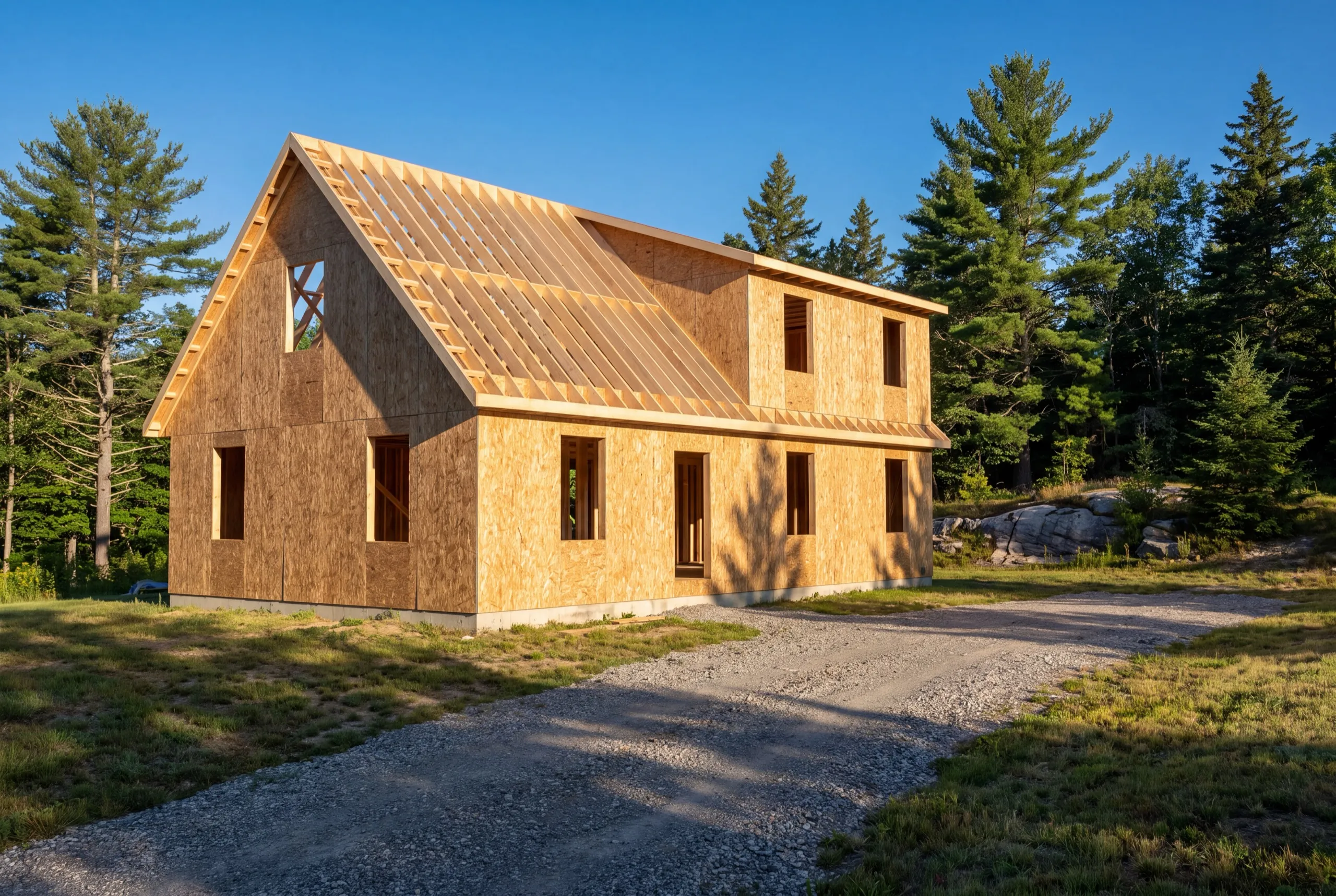 Residential general contractor Vassalboro Maine: new sheathed story-and-a-half house shell with roof boards going on