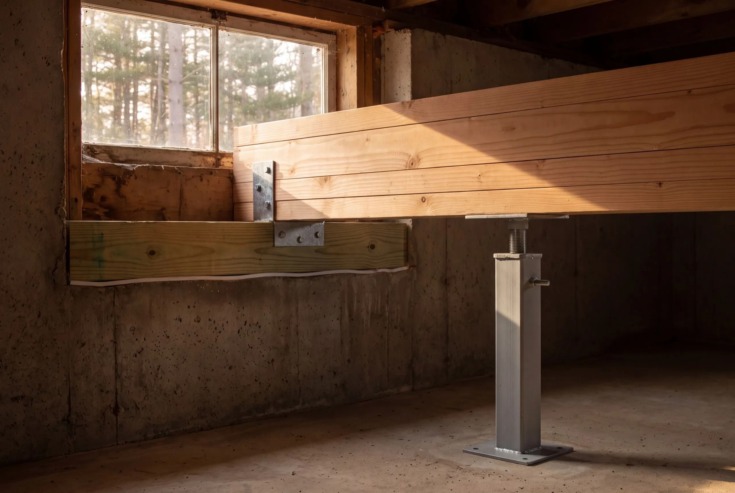 General contractor Vassalboro Maine: new built-up beam on an adjustable steel post beside a cellar window
