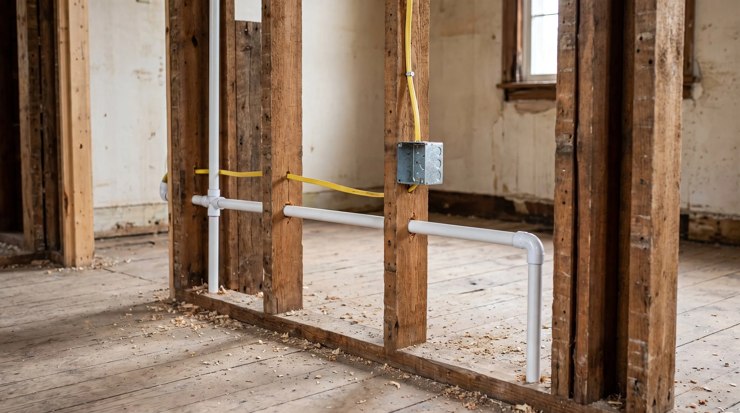 General contractor Vassalboro Maine: new white plastic pipe and yellow cable run through old wall studs to a metal box in a gutted room