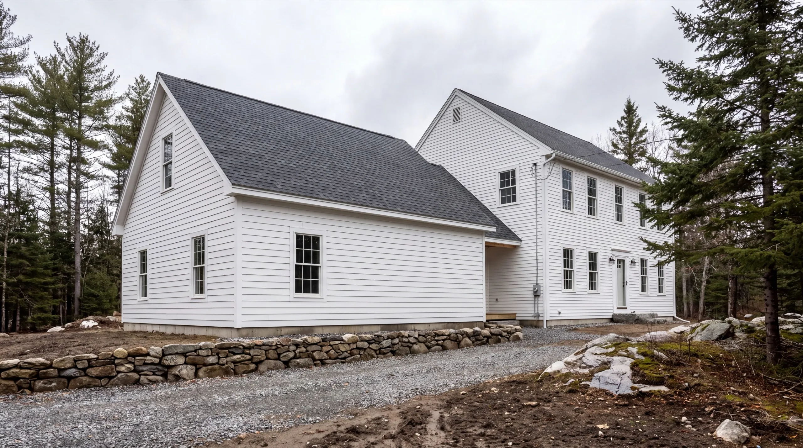 General contractor in West Gardiner, ME: finished white farmhouse with a connected two-story wing on a gravel drive