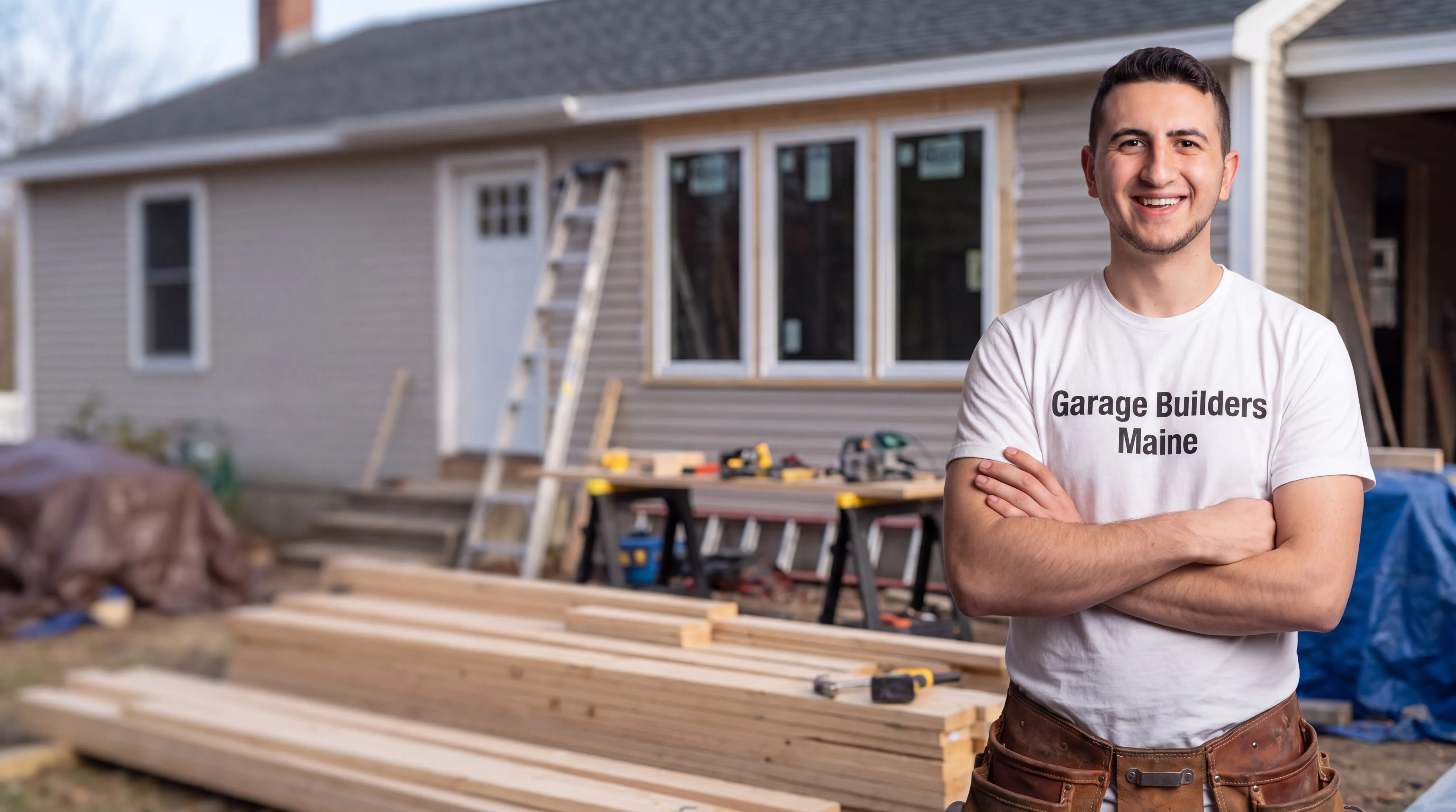 General contractor West Gardiner Maine: owner with arms crossed in front of a gray ranch getting new windows