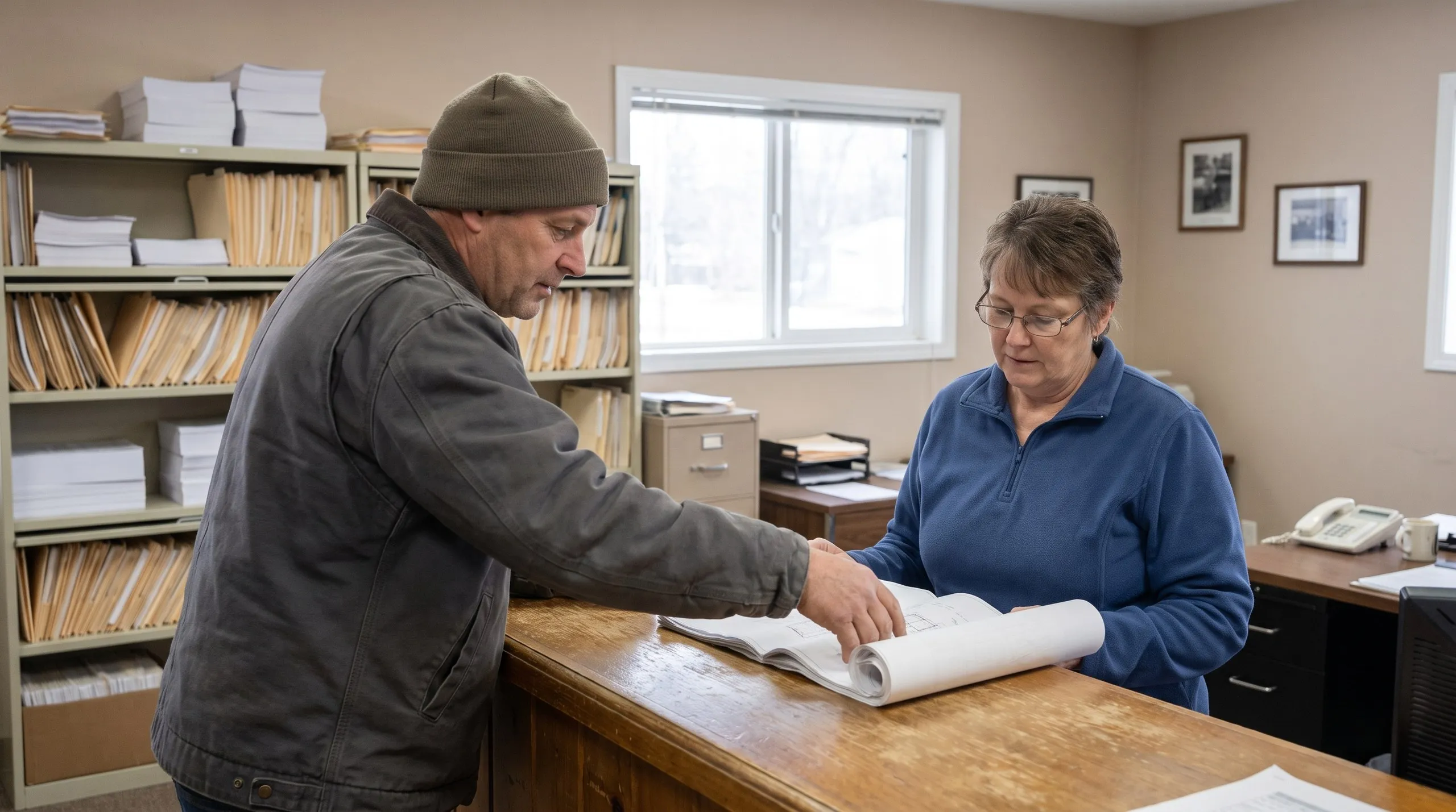 Construction company West Gardiner Maine: contractor in a knit cap going over rolled plans with a clerk at an office counter