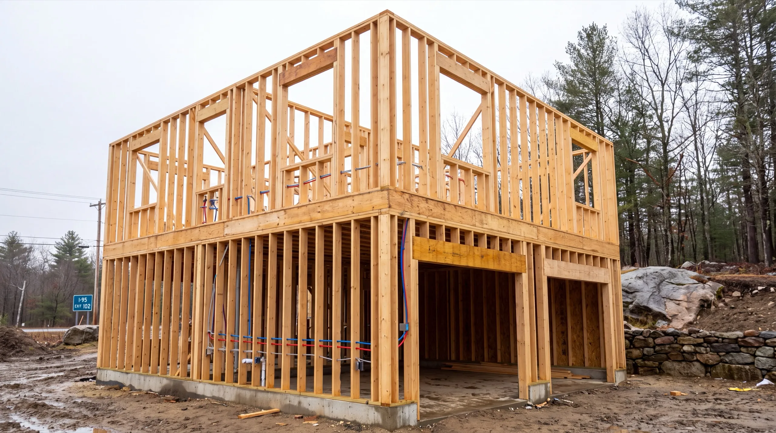 General contractor West Gardiner Maine: two-story stud frame with two garage bay openings and plumbing rough-in