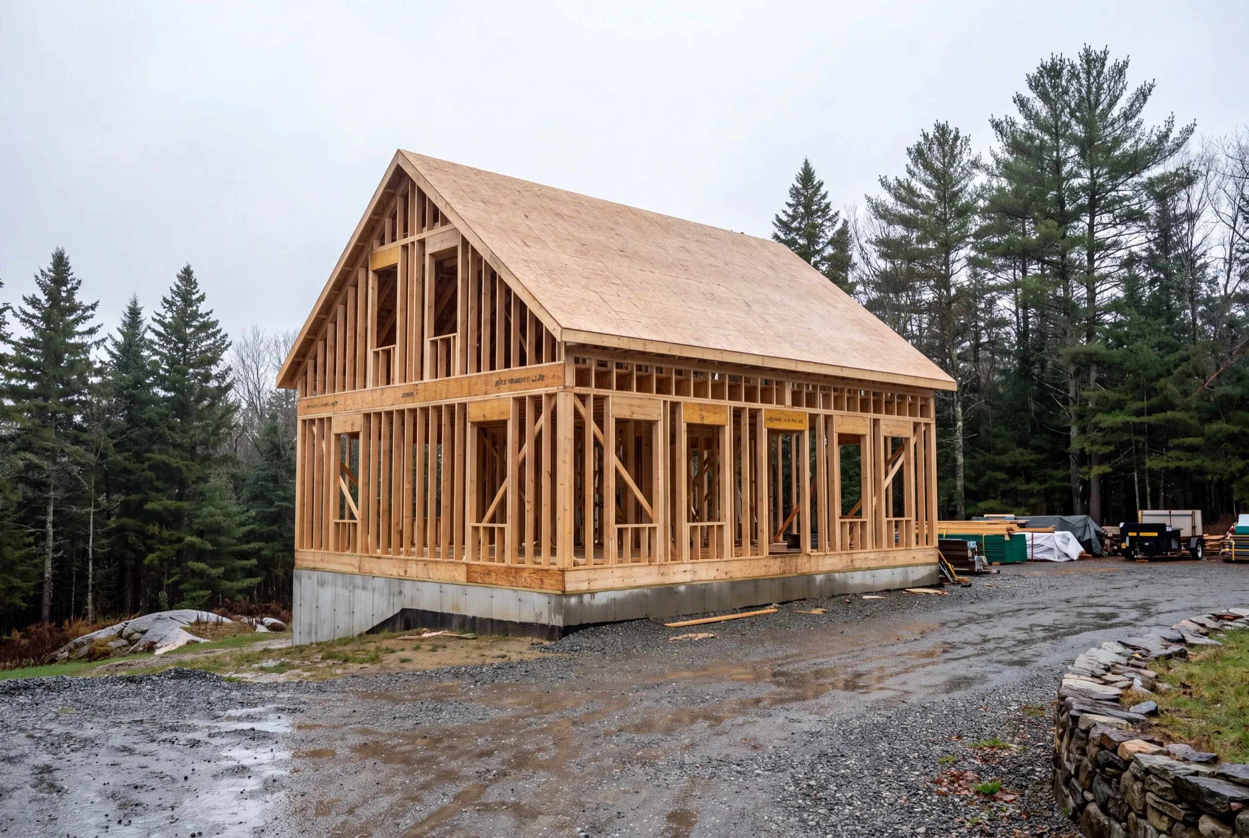 Construction company West Gardiner Maine: new house frame with a sheathed roof and open stud walls
