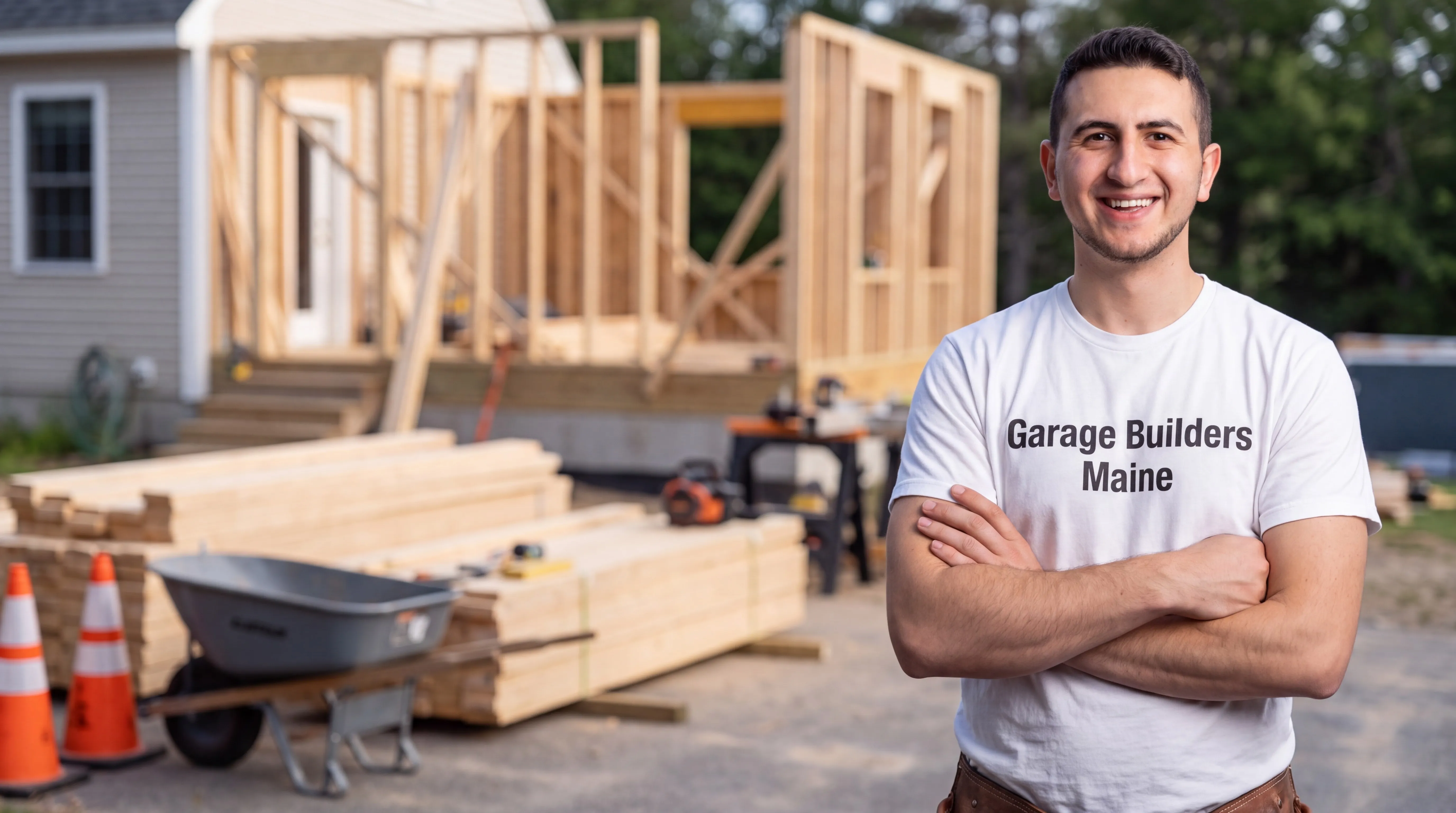 Owner of Garage Builders Maine standing with his arms crossed and smiling at a Maine job site