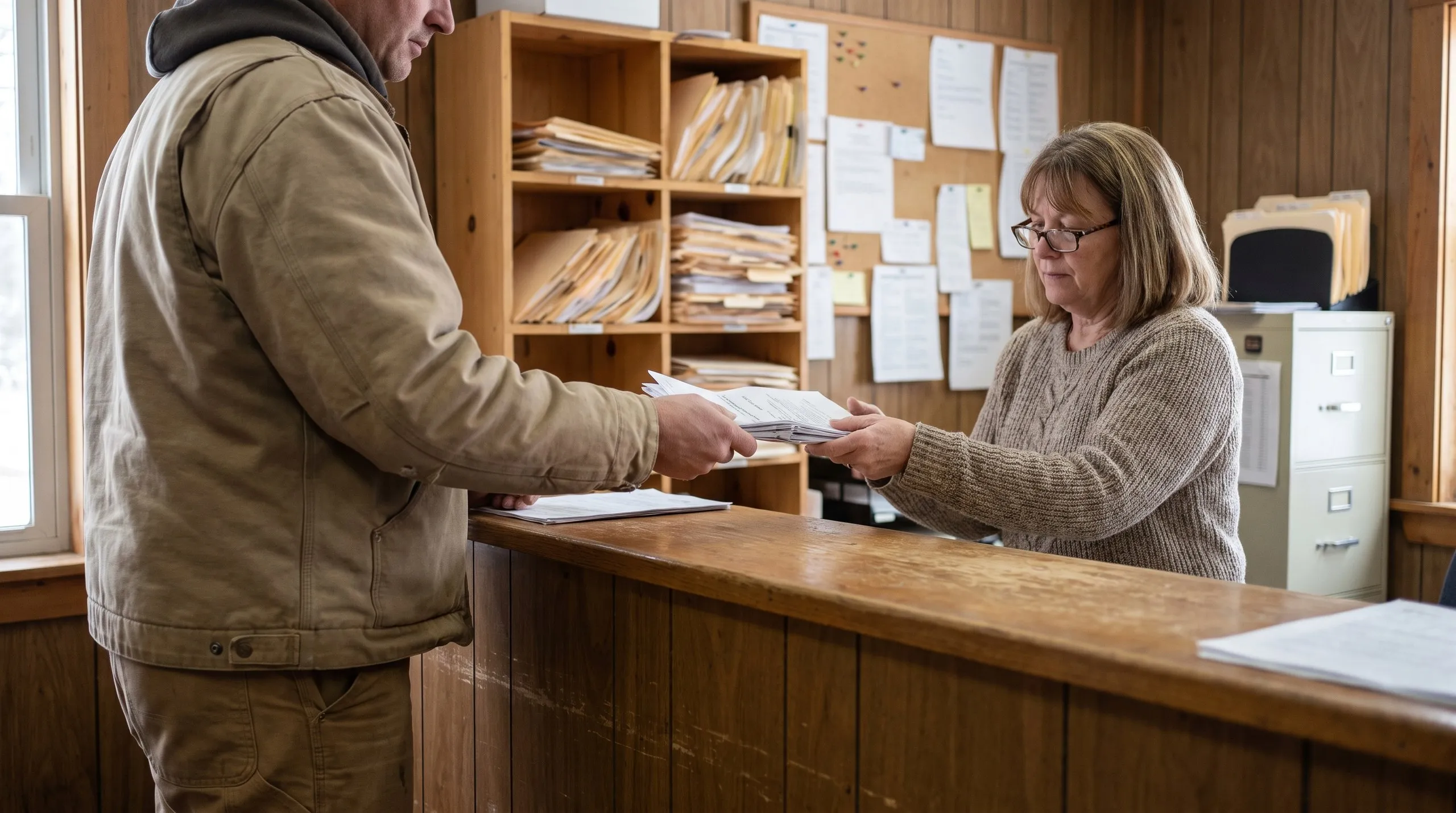 Residential general contractor Whitefield Maine: contractor handing a stack of papers to a clerk across a town office counter