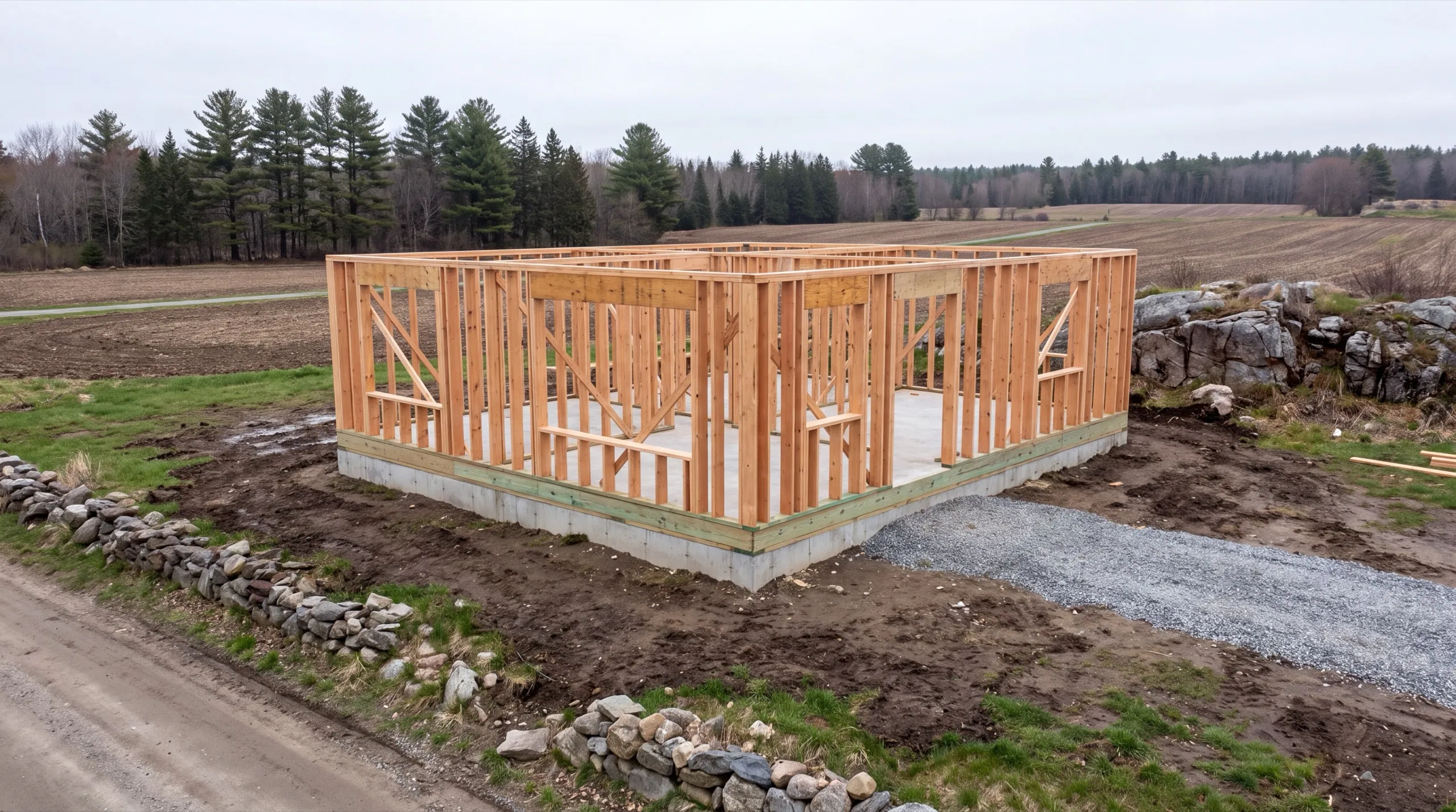 Construction company Whitefield Maine: one-story stud walls framed on a new slab in an open field