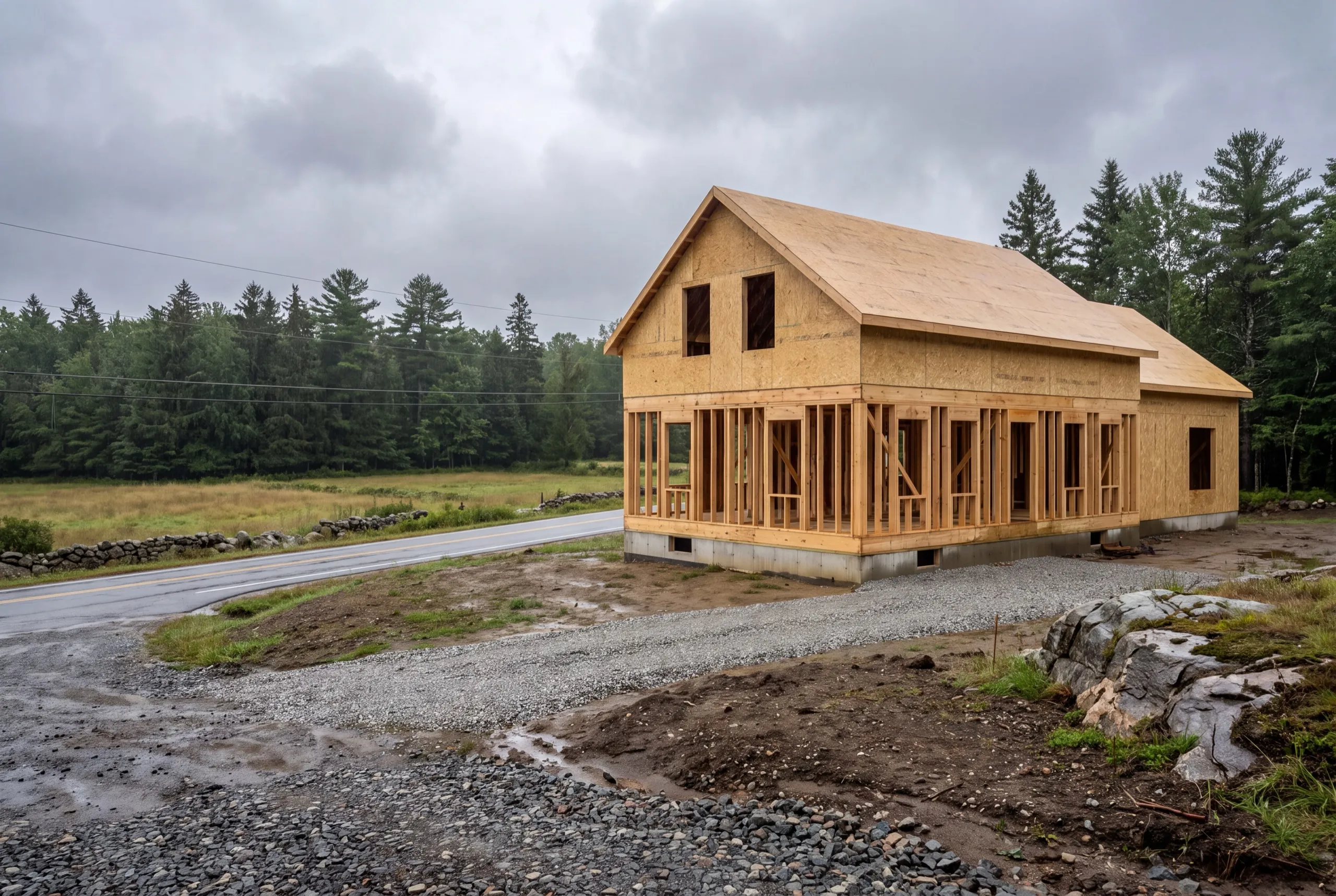 Construction company Whitefield Maine: new house frame with a sheathed roof and side wing on a field lot