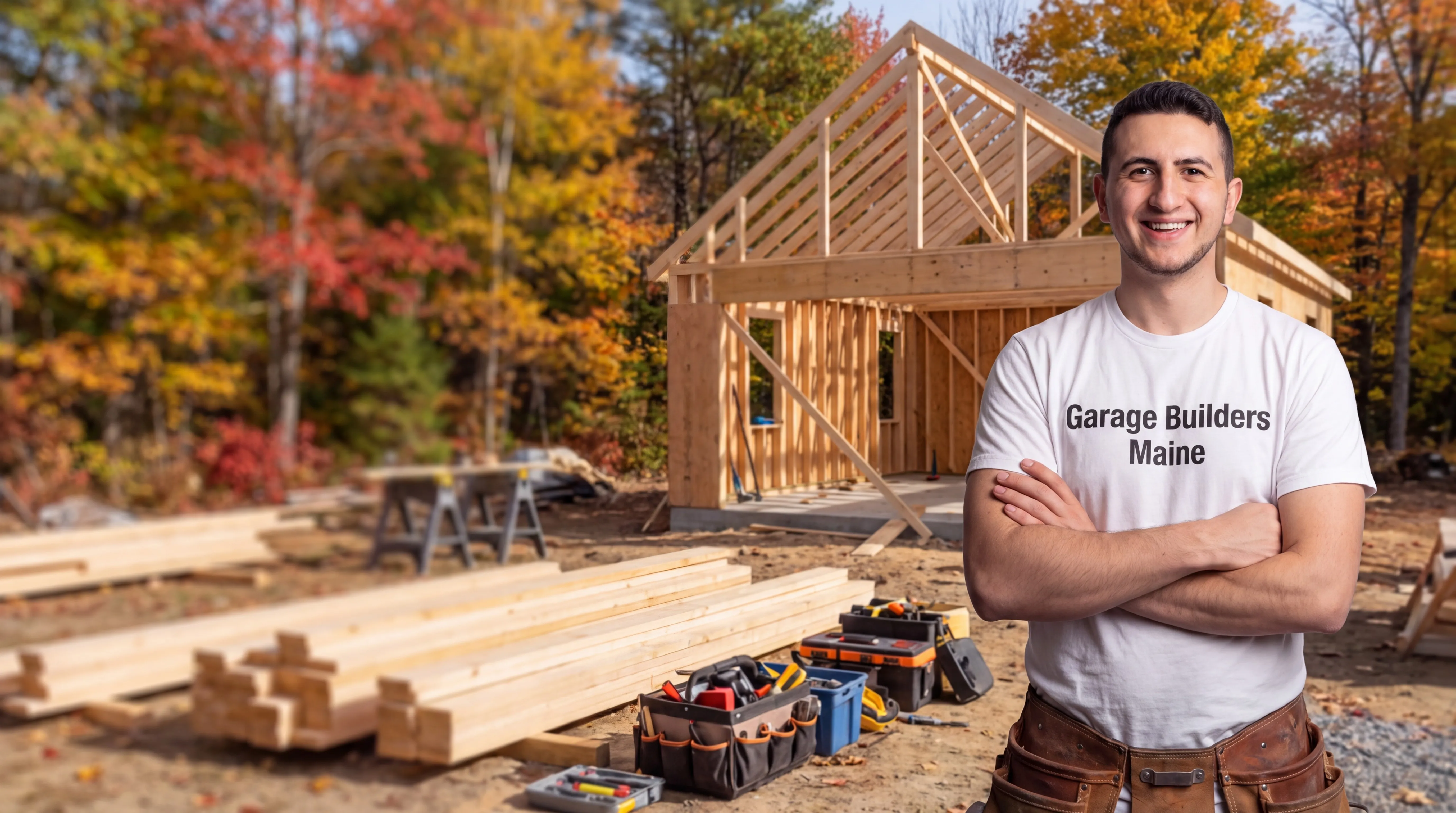 Owner of Garage Builders Maine standing with his arms crossed and smiling at a Maine job site