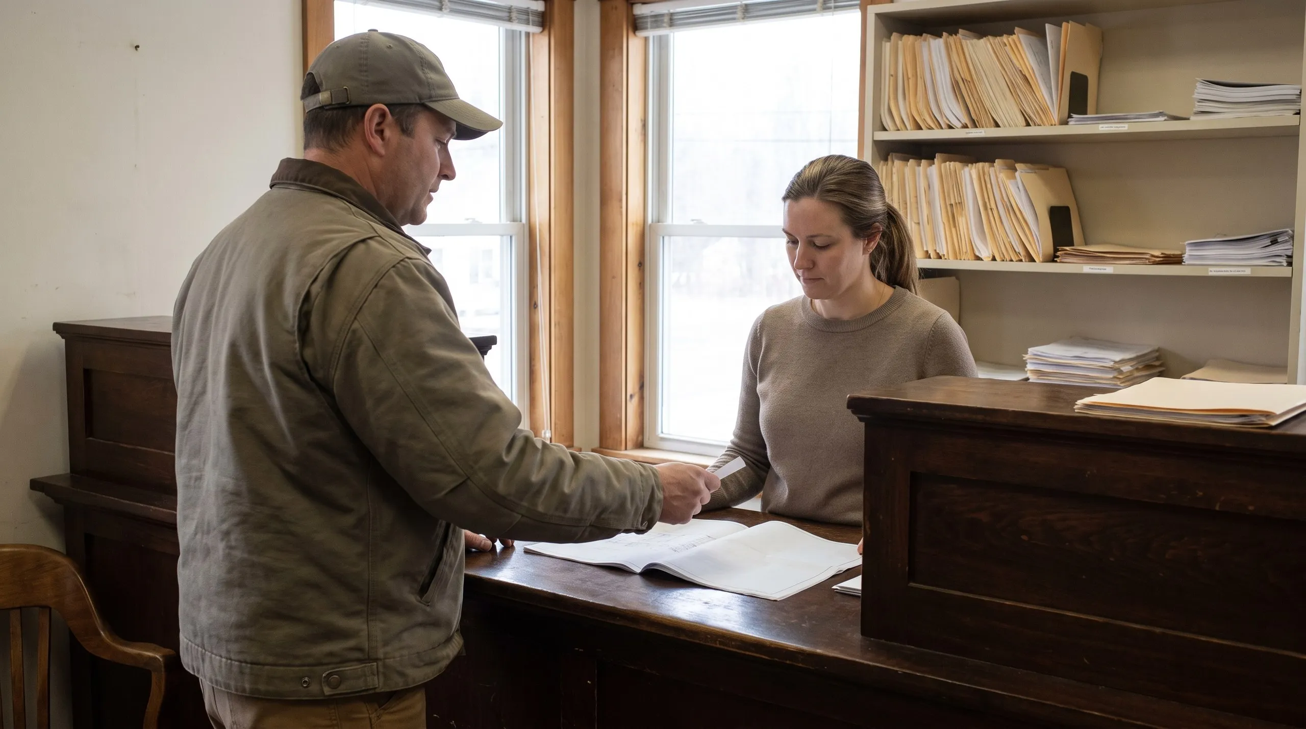 Construction company Windsor Maine: contractor in a ball cap handing a slip to a clerk over an open plan set at the counter