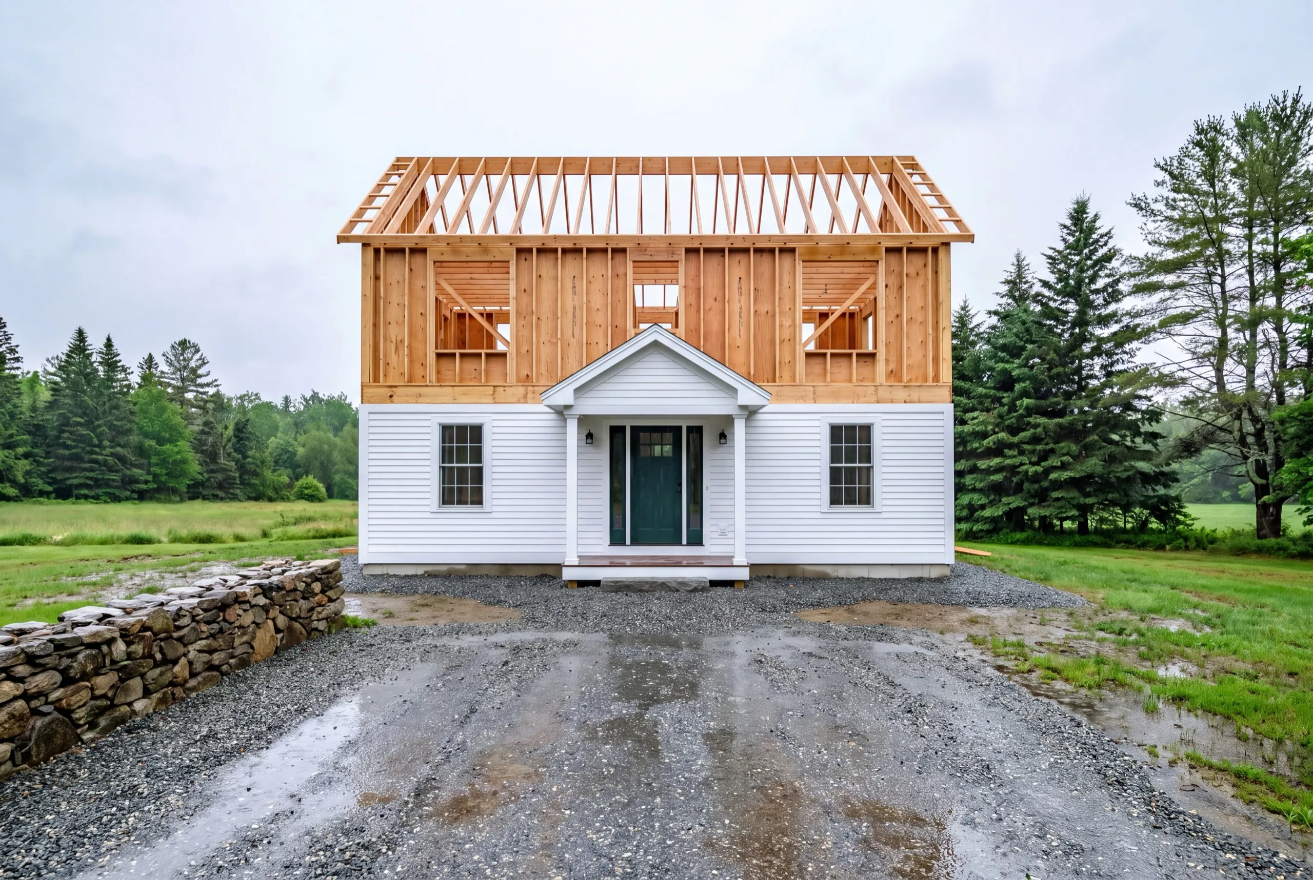 Residential general contractor Windsor Maine: second-story walls and trusses framed over a white cape with a portico