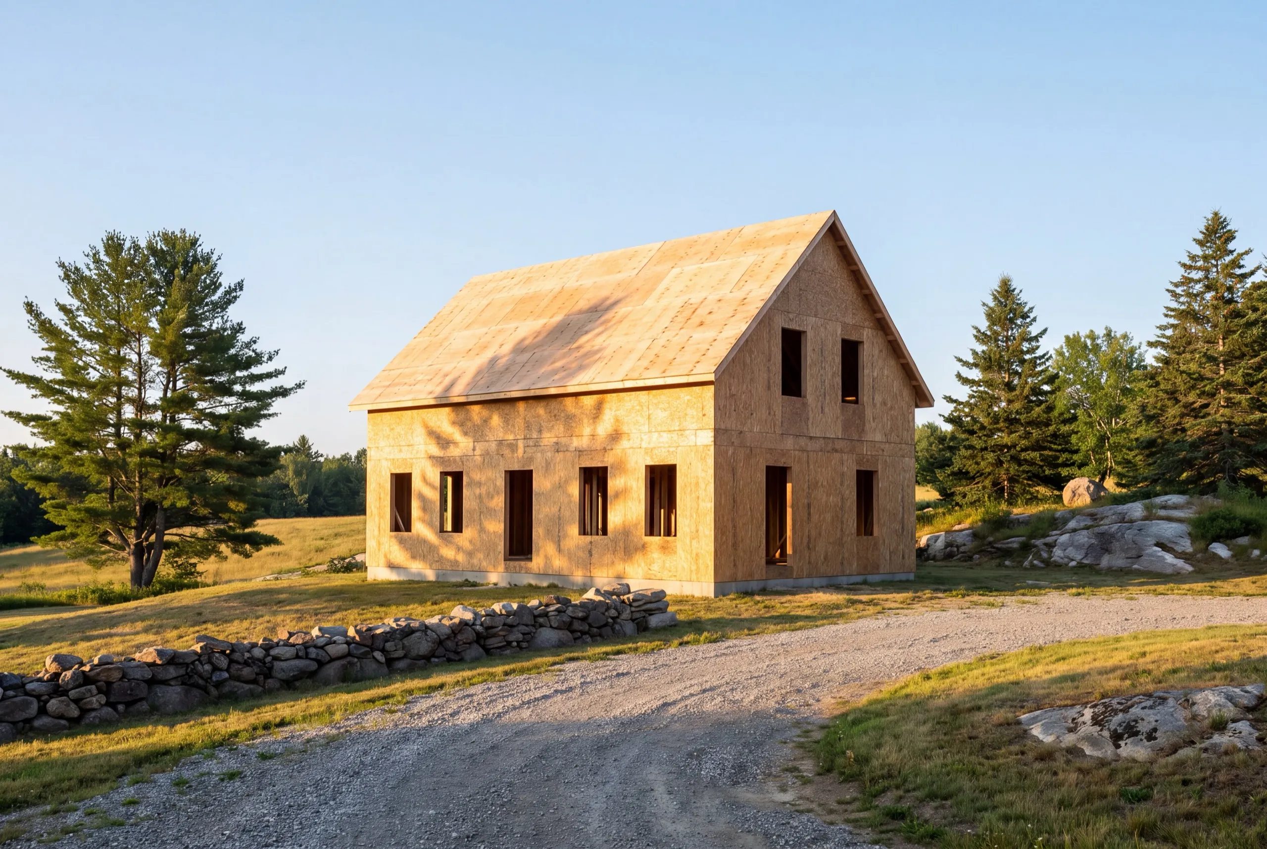 Construction company Windsor Maine: new sheathed story-and-a-half house shell with open window holes