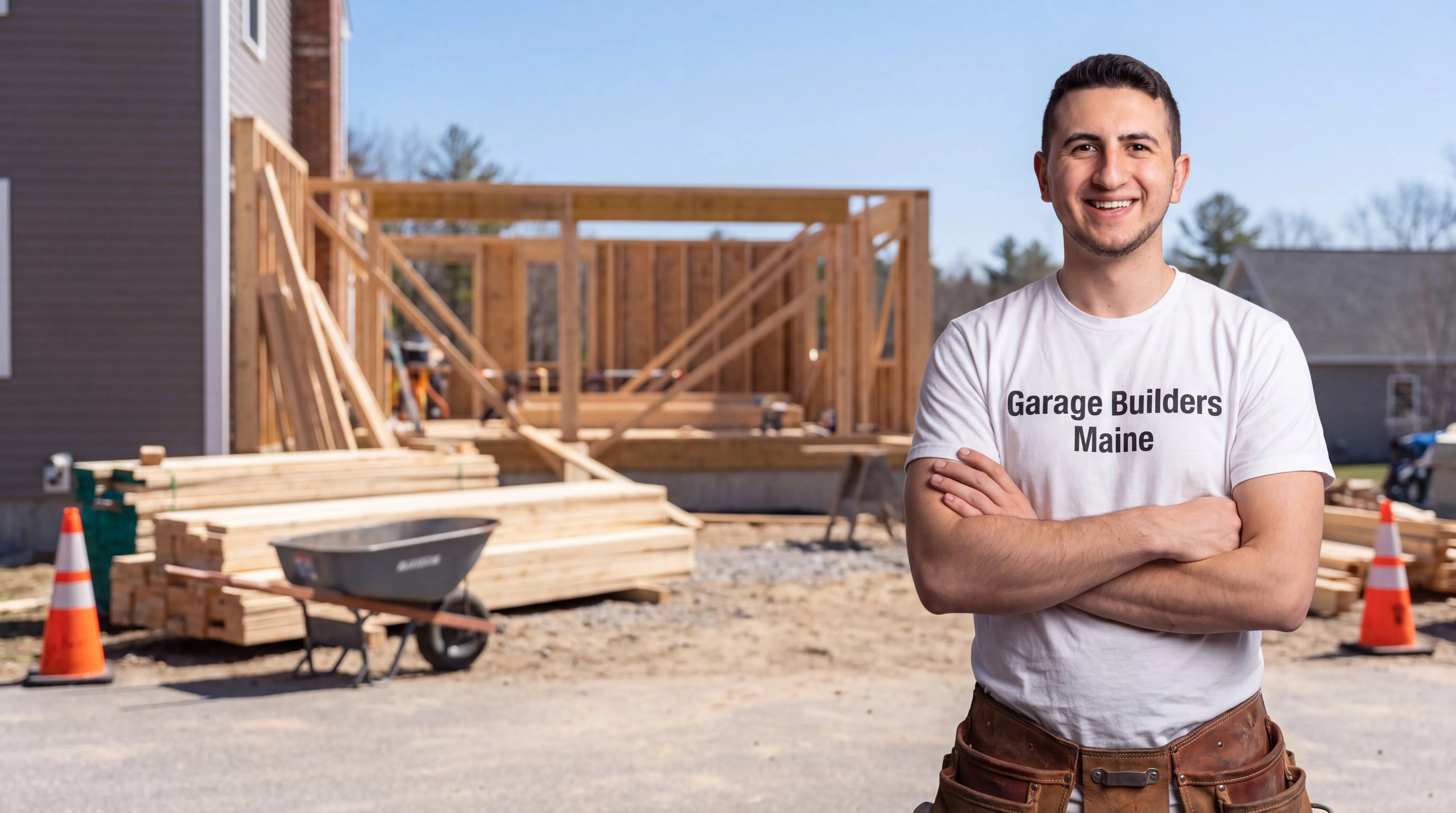 General contractor Winthrop Maine: owner with arms crossed in front of a framed addition and stacked lumber