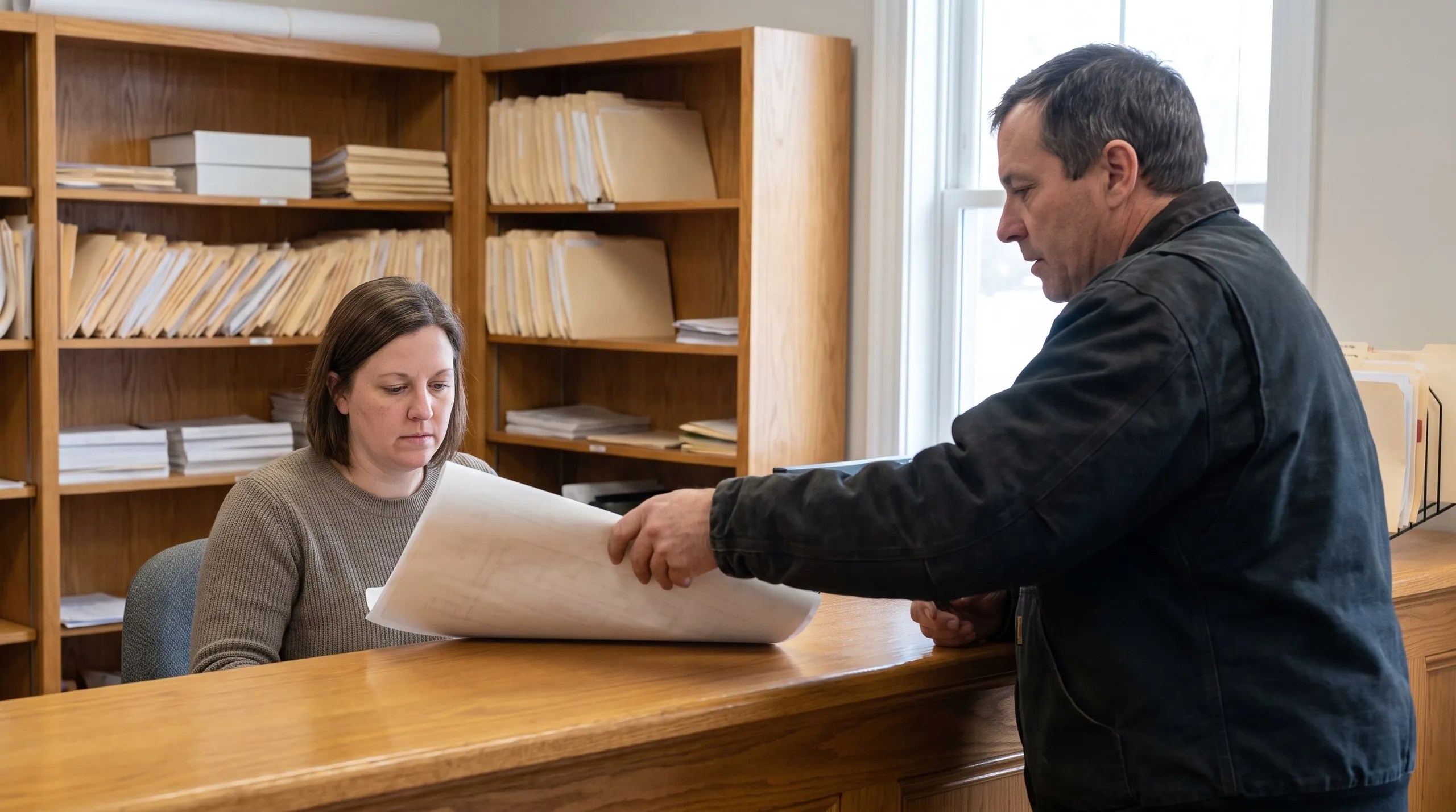 Construction company Winthrop Maine: contractor holding out a plan sheet to a clerk seated at an office counter