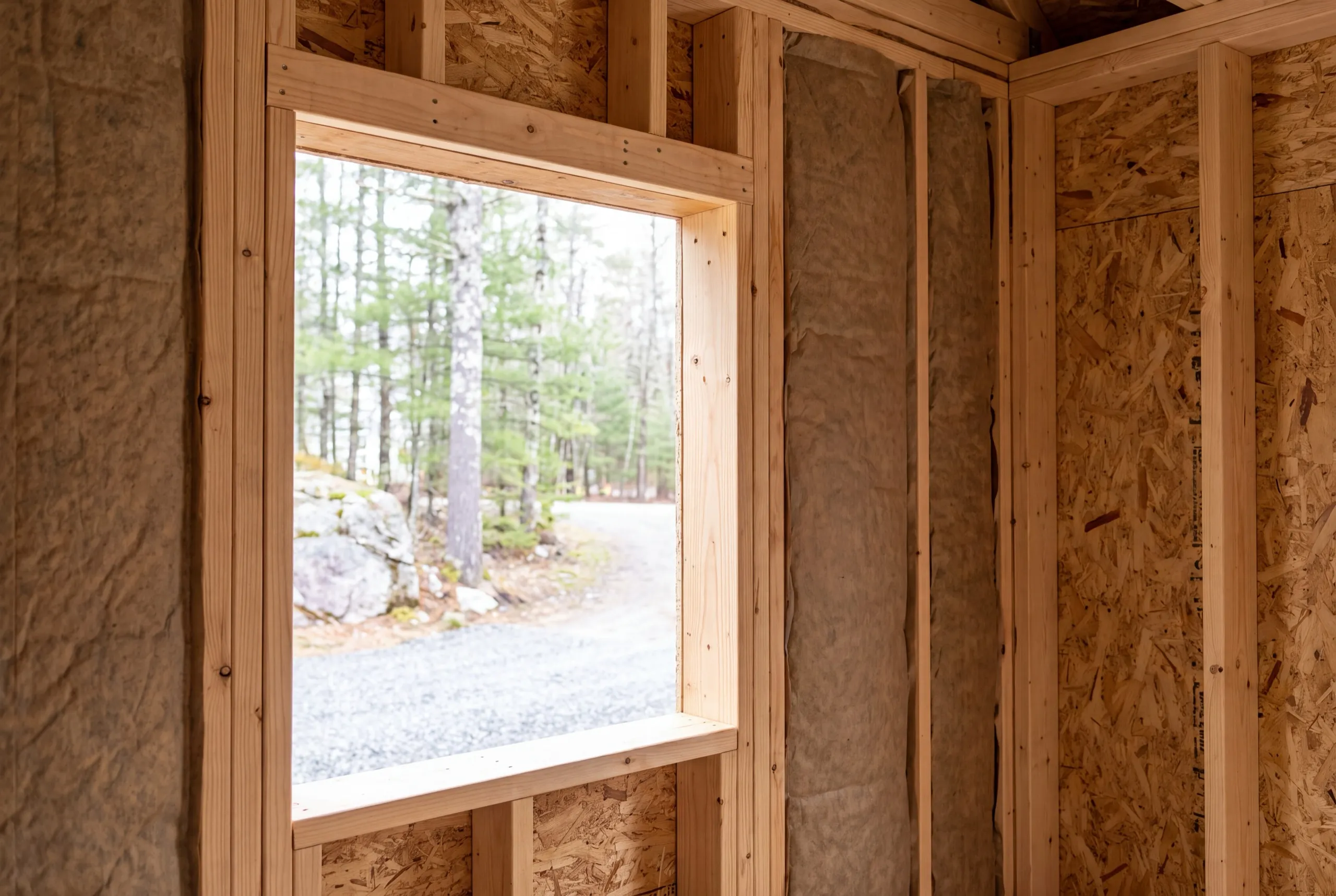 Residential general contractor Winthrop Maine: inside view of insulated stud walls and sheathing around a window opening