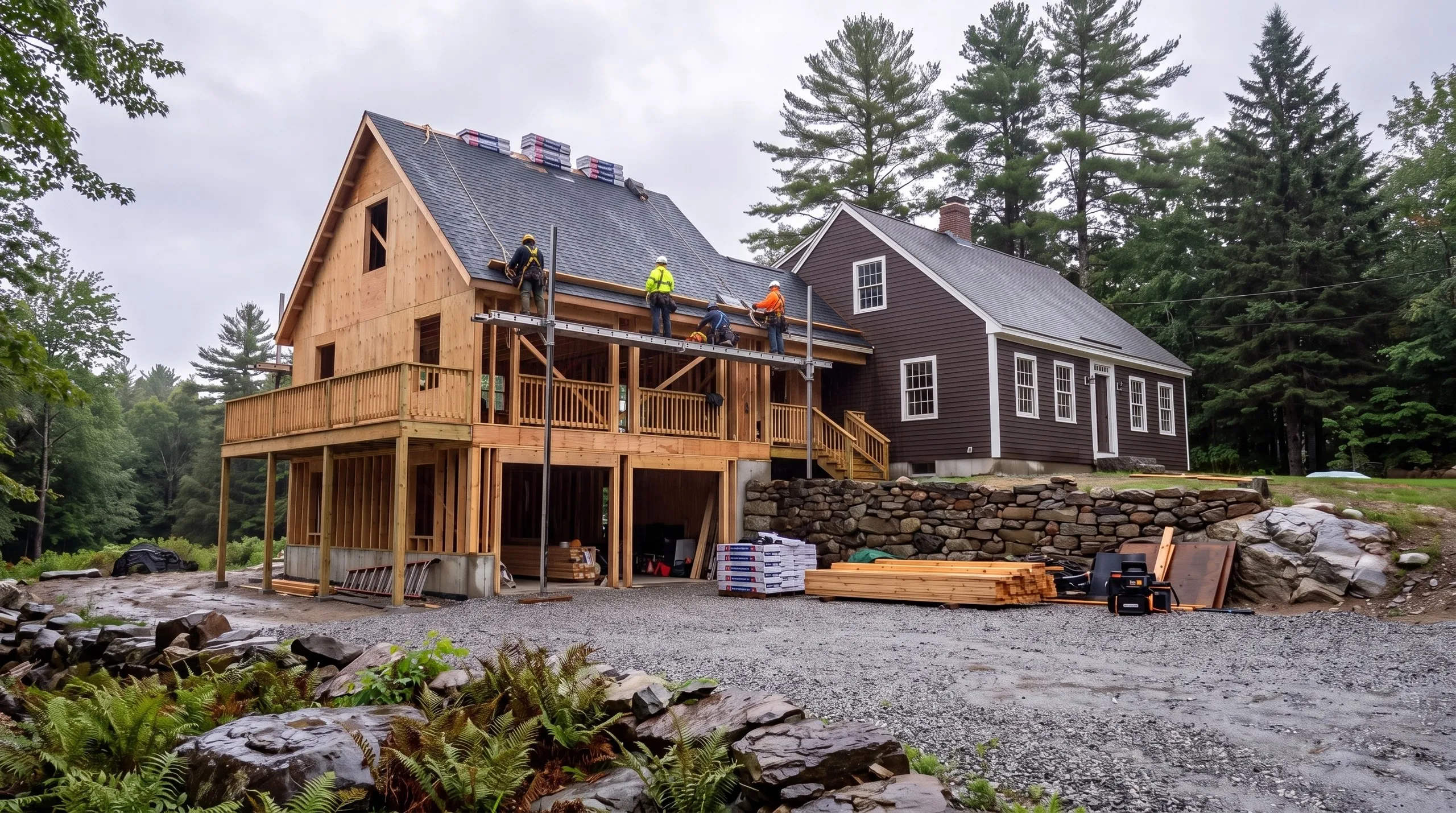 General contractor in Wiscasset, ME: harnessed roofers shingling a framed two-story addition with railed decks beside a brown cape