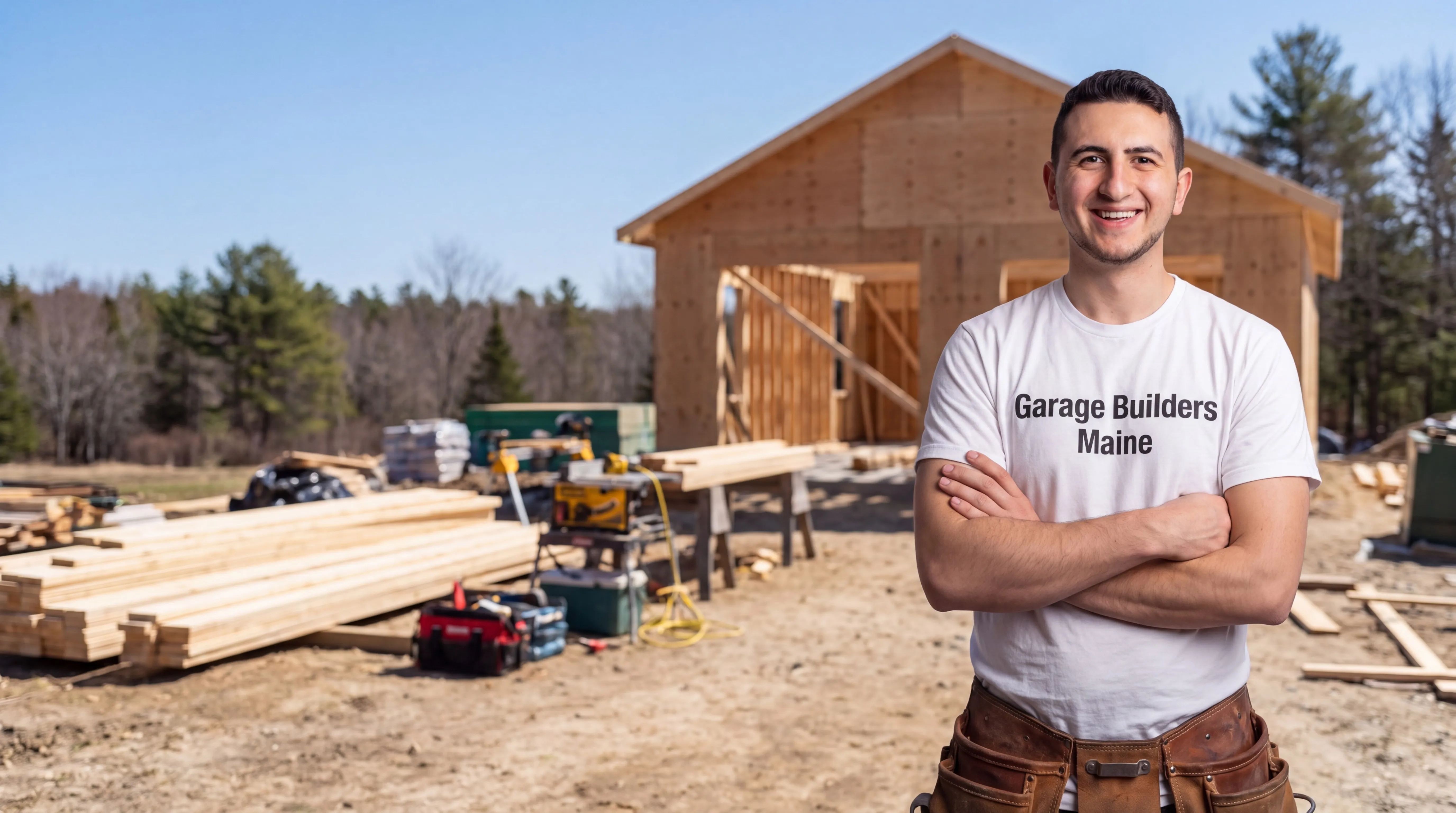 General contractor Wiscasset Maine: owner with arms crossed in front of a sheathed building frame and stacked lumber