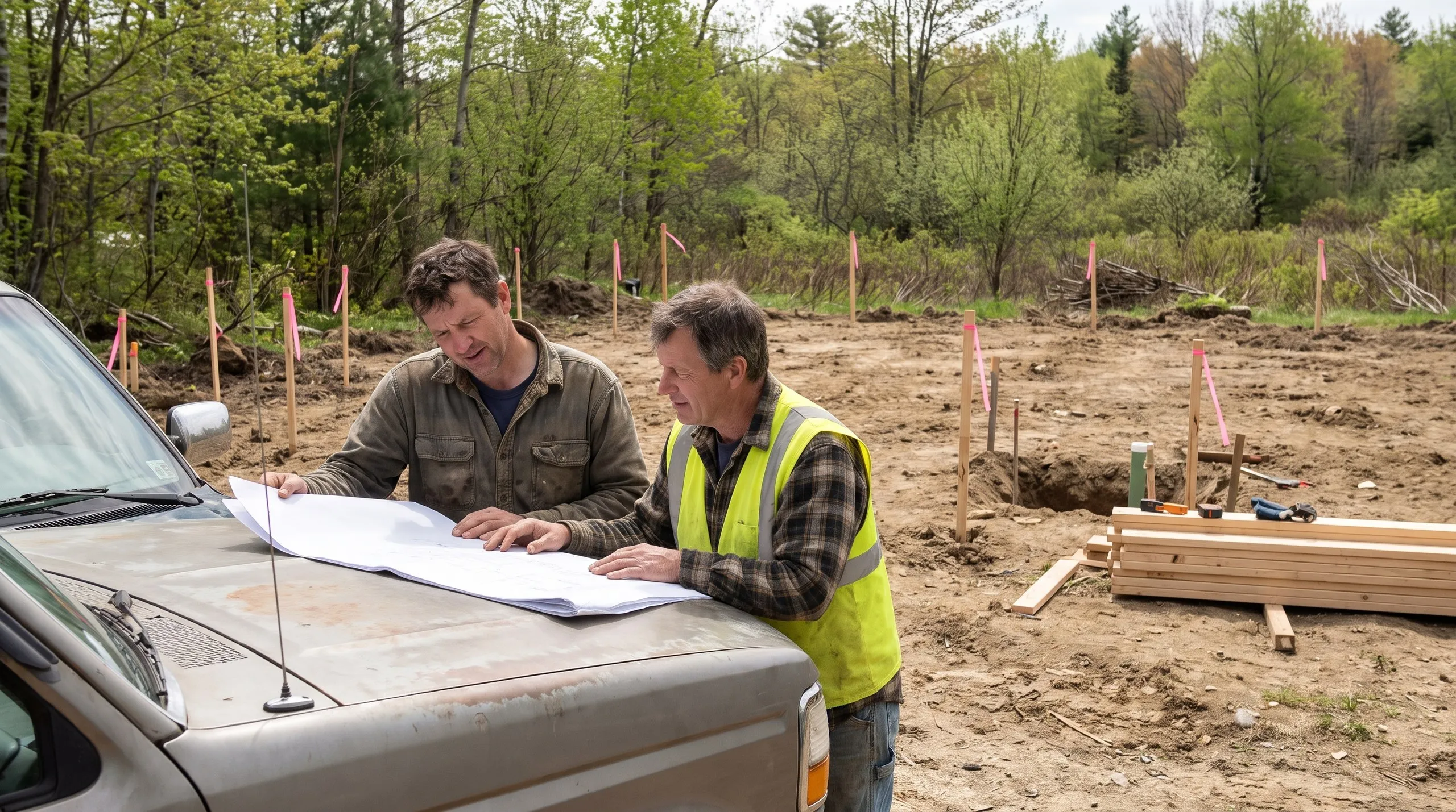 Construction company Wiscasset Maine: contractor and code officer in a safety vest reviewing plans on a truck hood at a staked lot