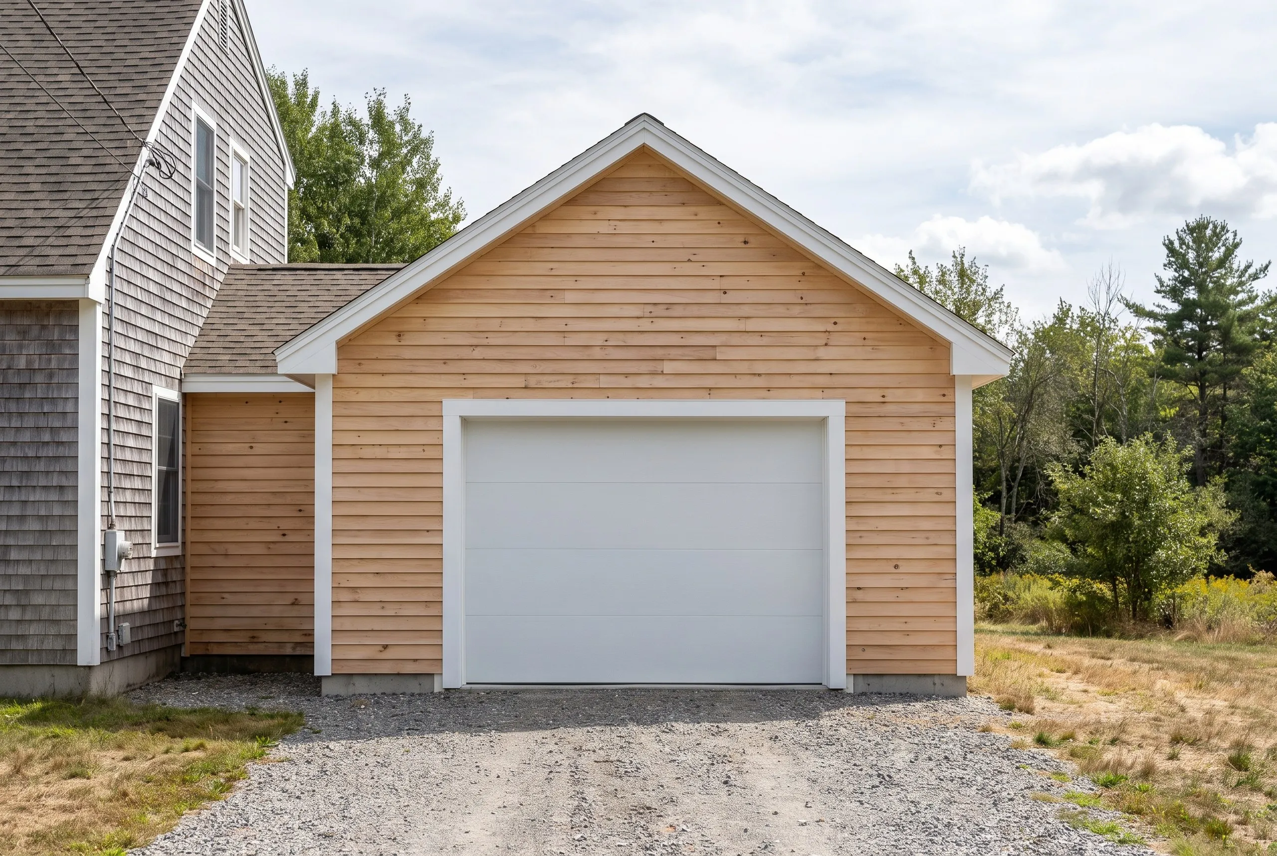 Construction company Wiscasset Maine: finished garage addition with natural wood siding and a white overhead door attached to a gray house