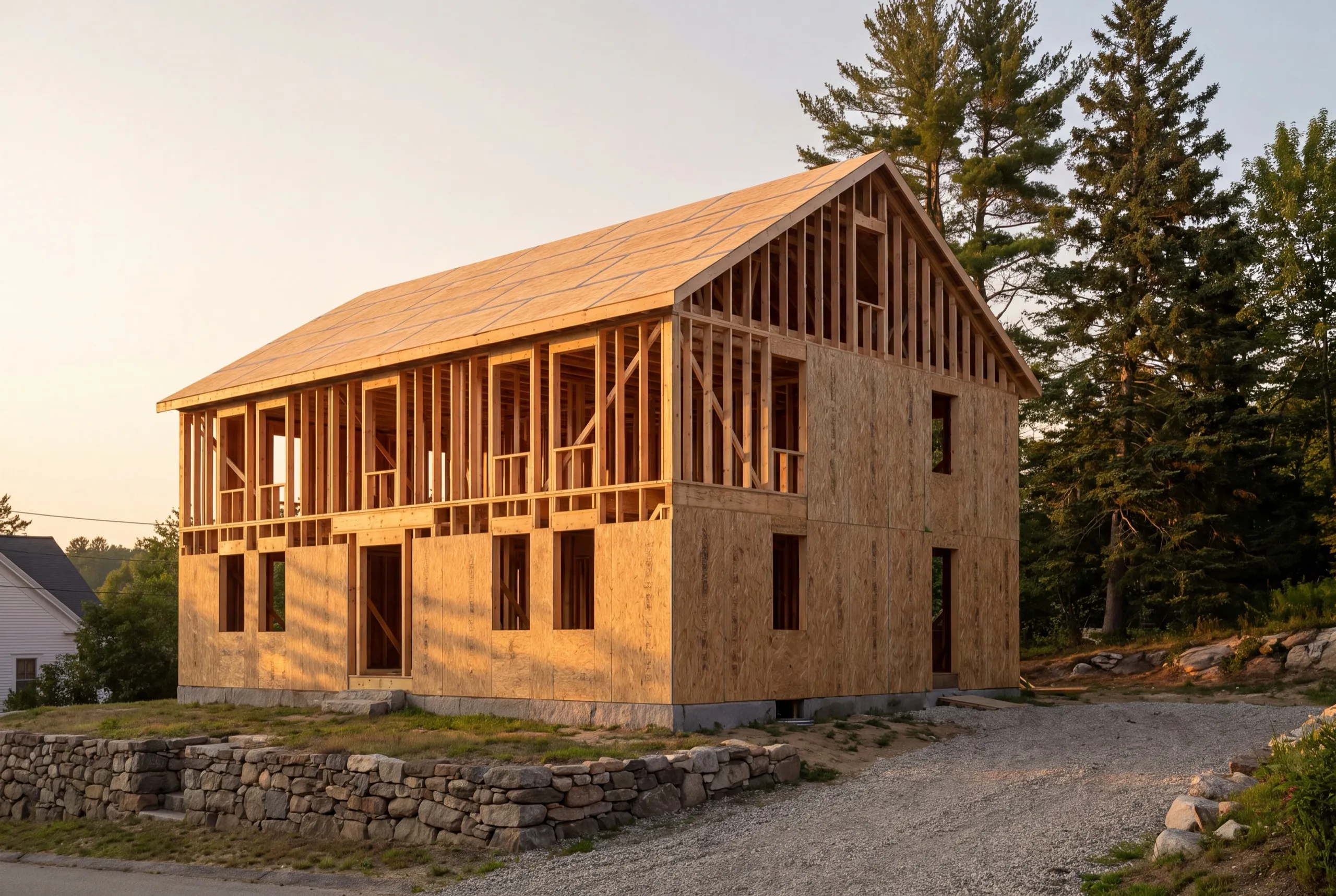 Construction company Wiscasset Maine: new two-story frame with a sheathed roof and partly sheathed walls