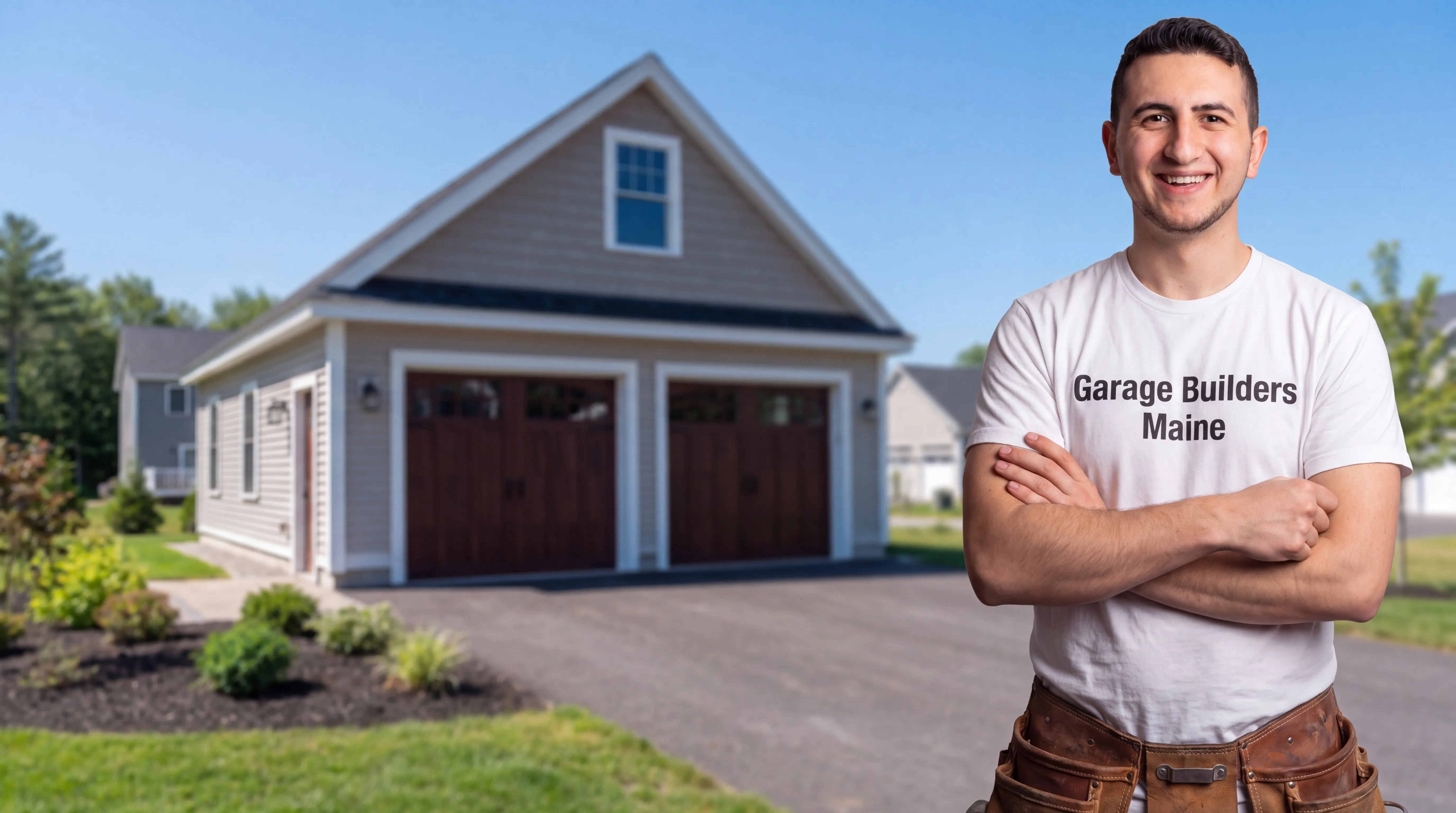 Owner of Garage Builders Maine standing with his arms crossed and smiling at a Maine job site