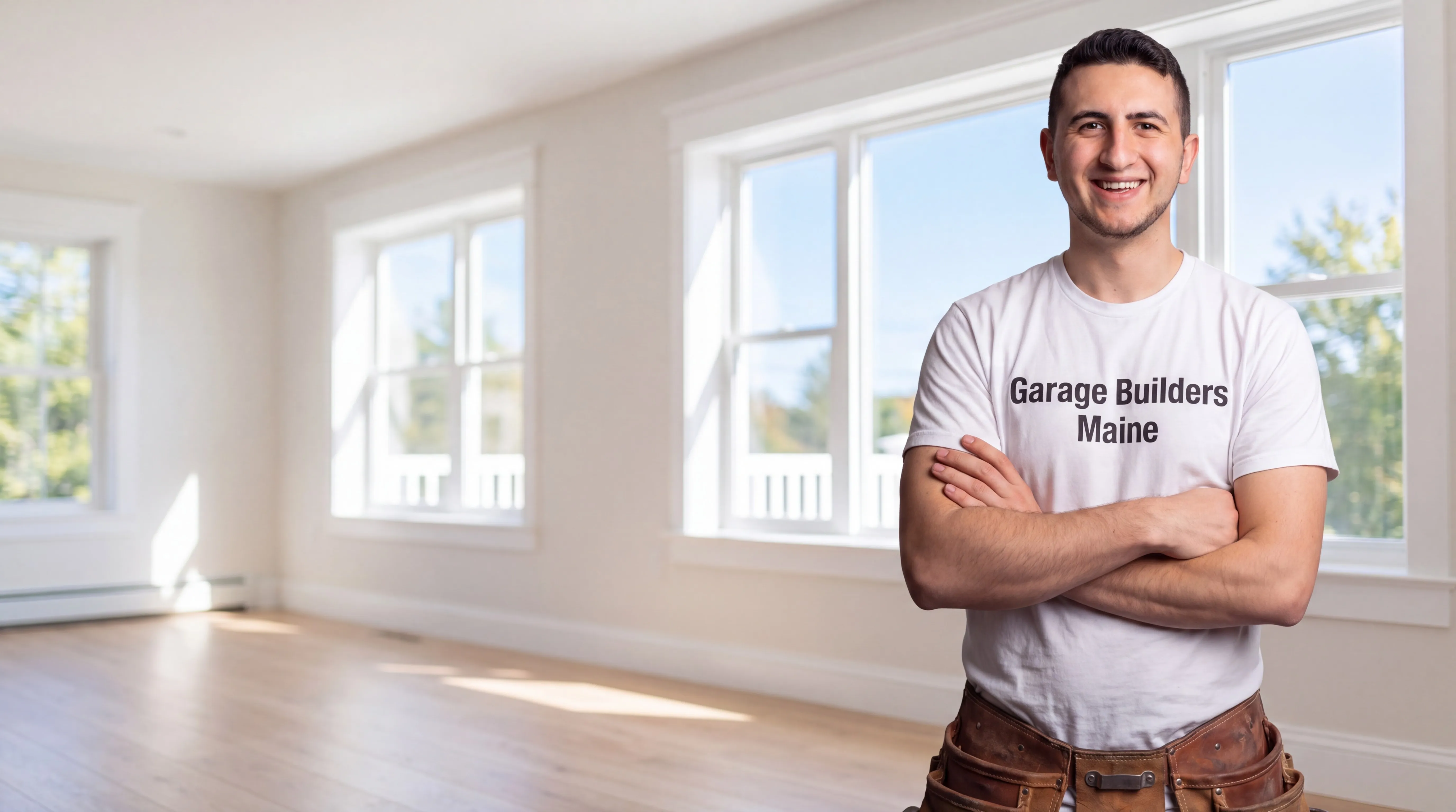 Owner of Garage Builders Maine standing with his arms crossed and smiling at a Maine job site