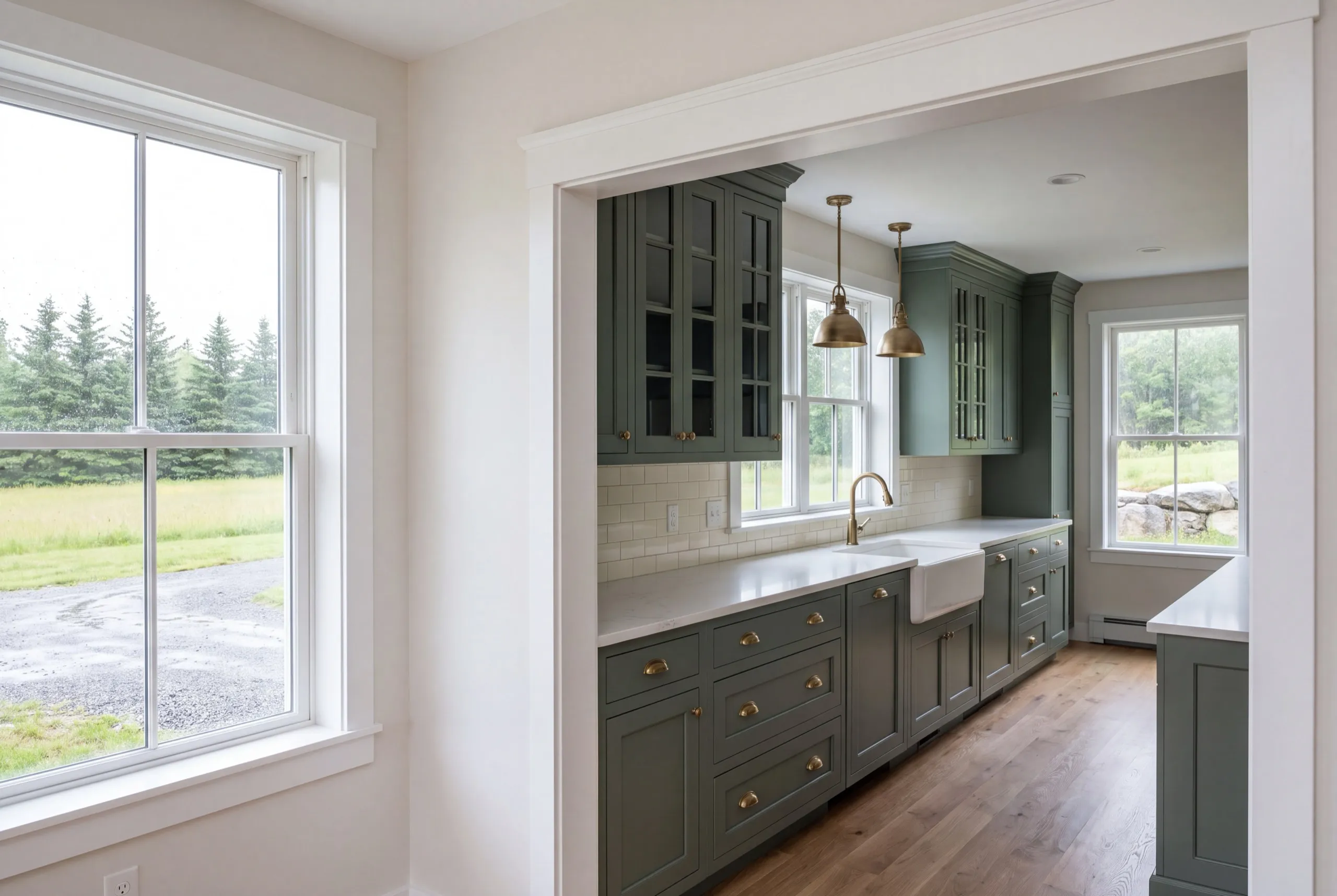 Home remodeling contractor Chelsea Maine: green farmhouse kitchen with an apron sink seen through a wide cased opening