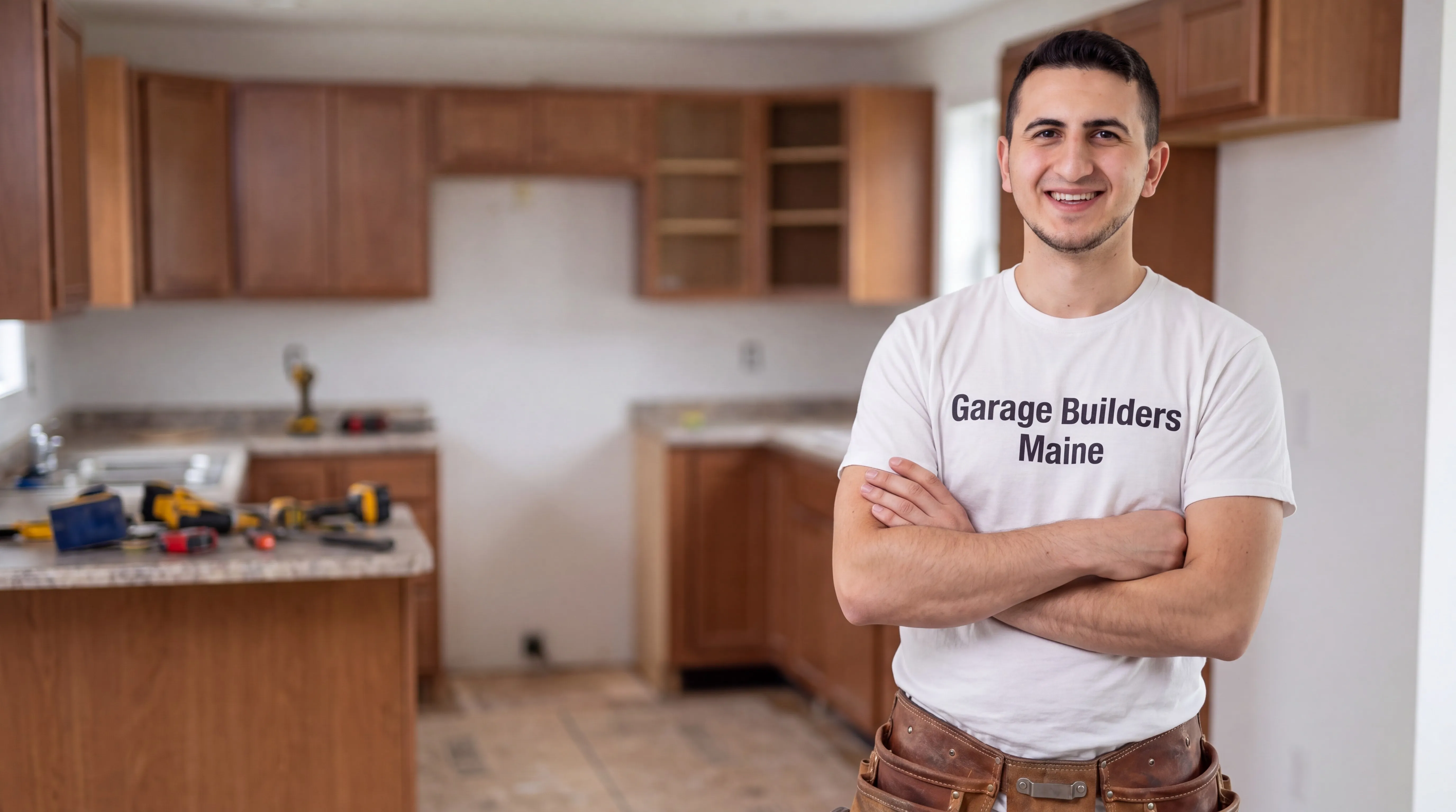 Owner of Garage Builders Maine standing with his arms crossed and smiling at a Maine job site