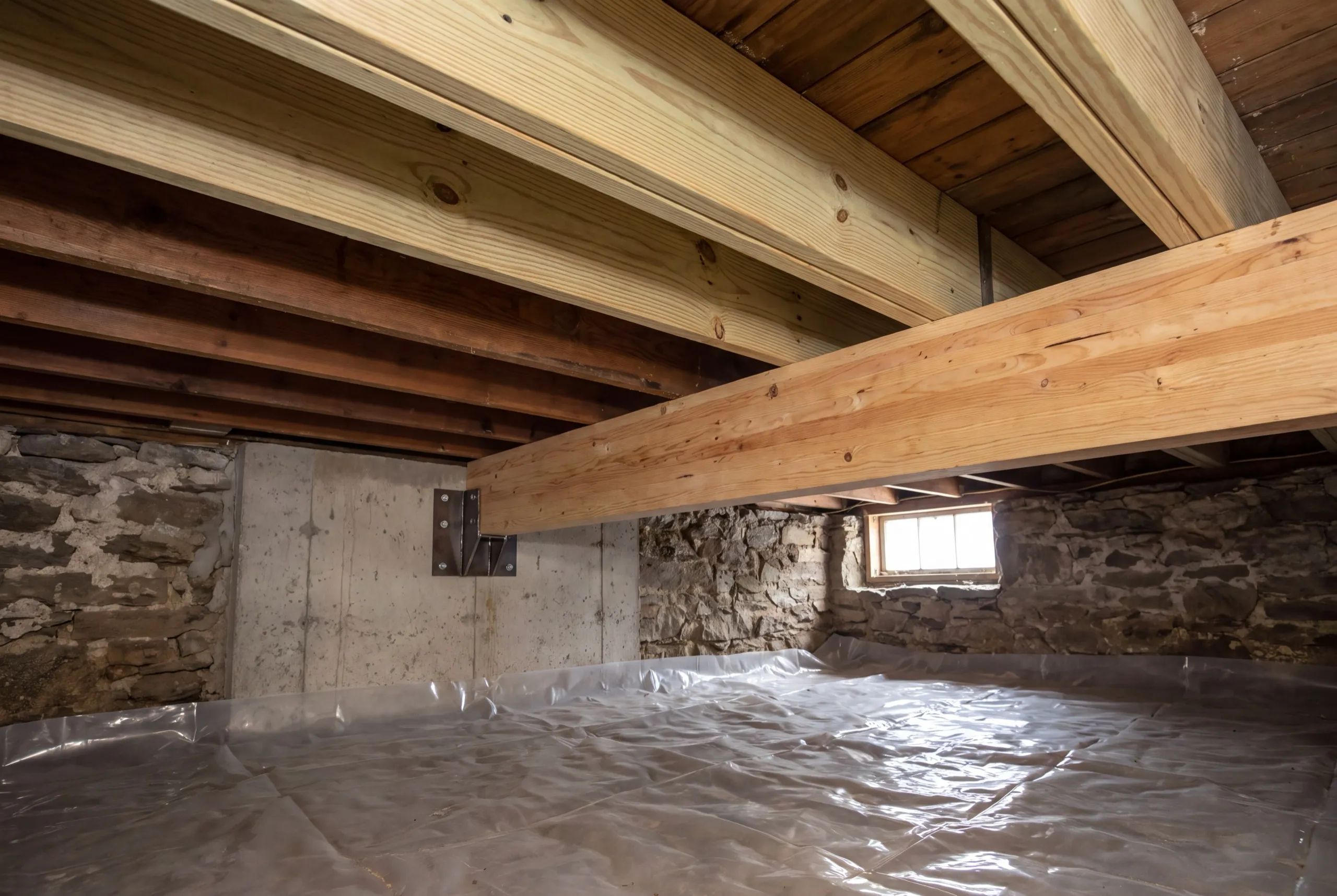 Home renovation contractor Chelsea Maine: crawl space with a new beam in a steel bracket and sistered joists