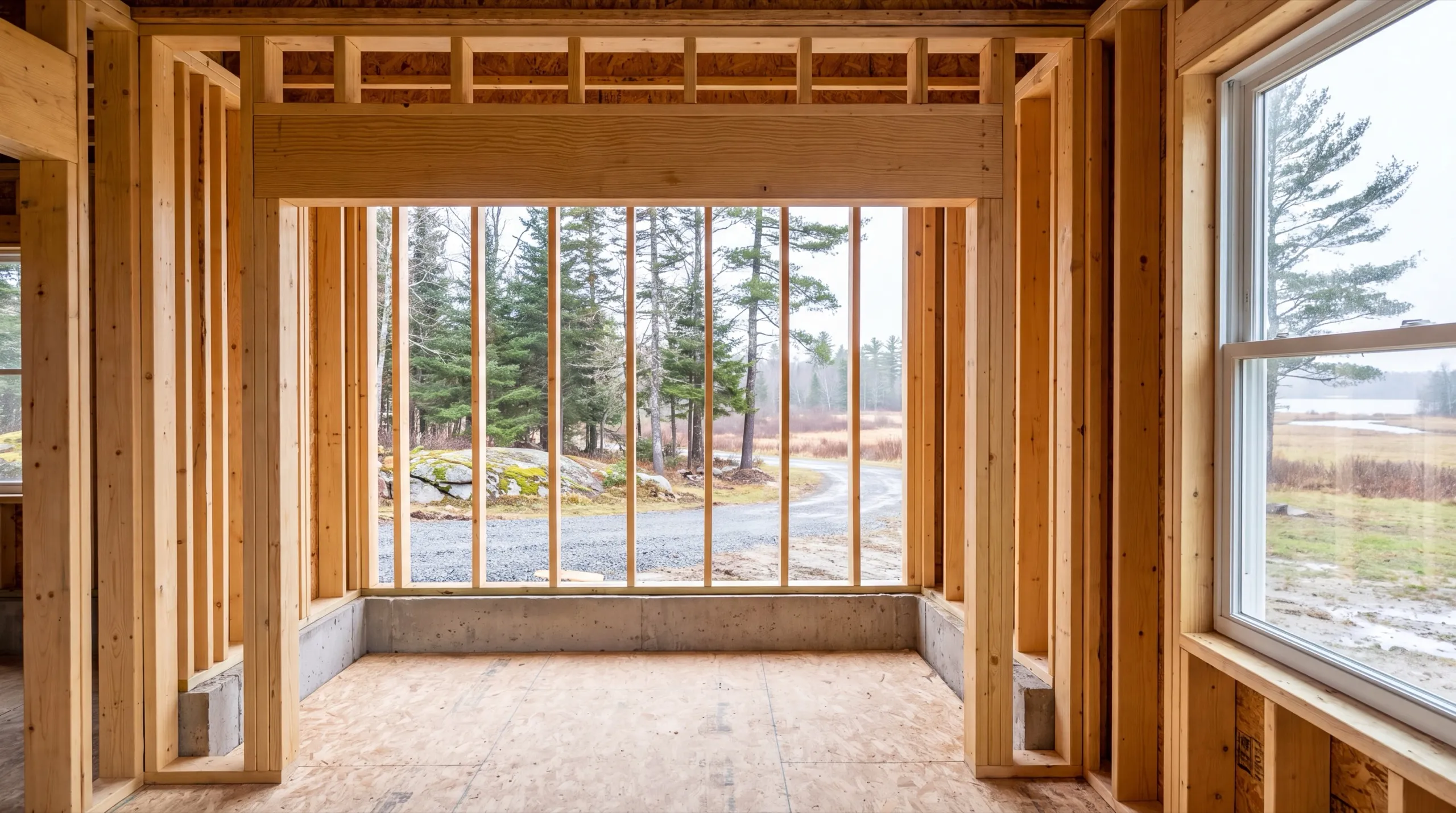 Home remodeling contractor Chelsea Maine: new stud framing and a header over an open bay on a knee wall