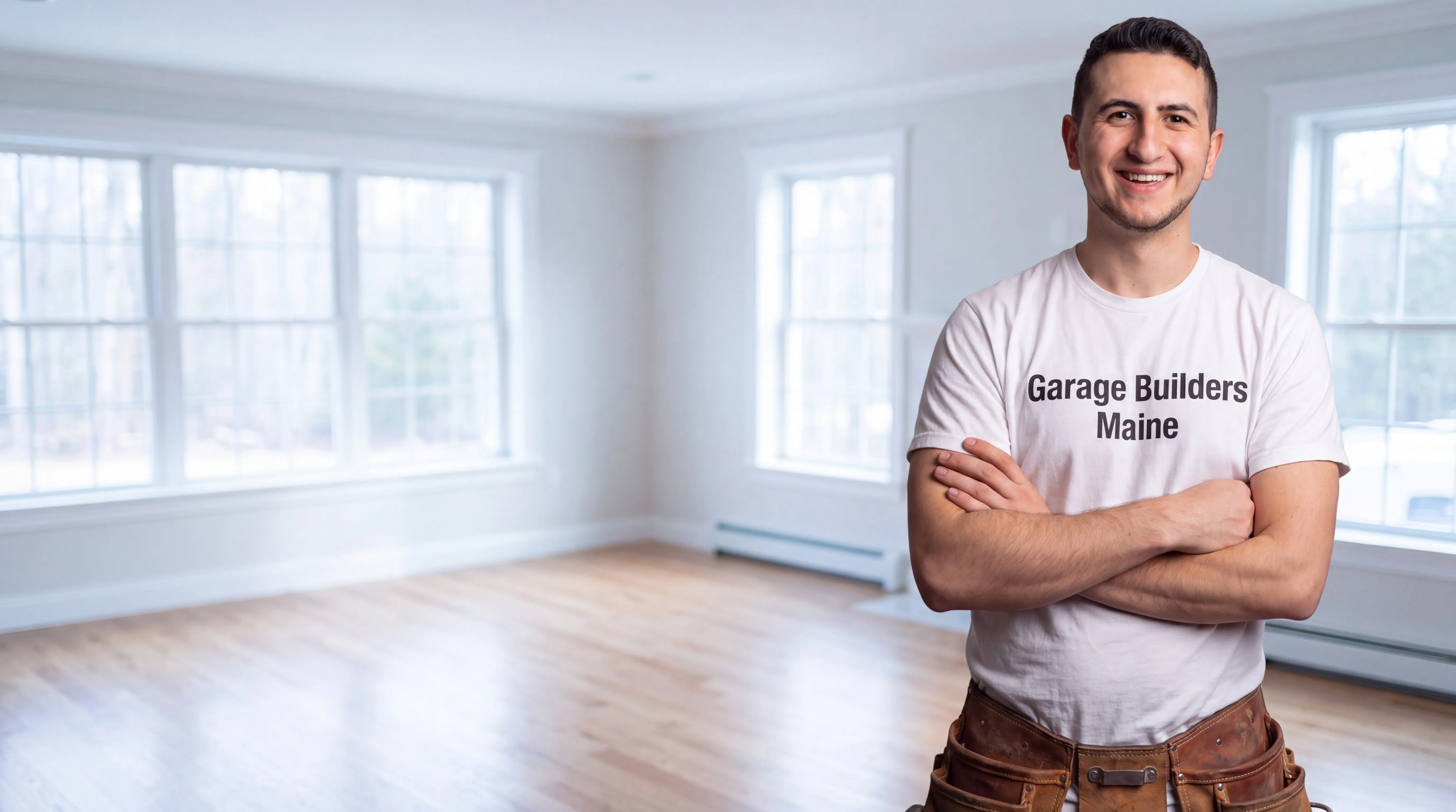 Remodeling Central Maine: owner with arms crossed in a finished empty room with large windows