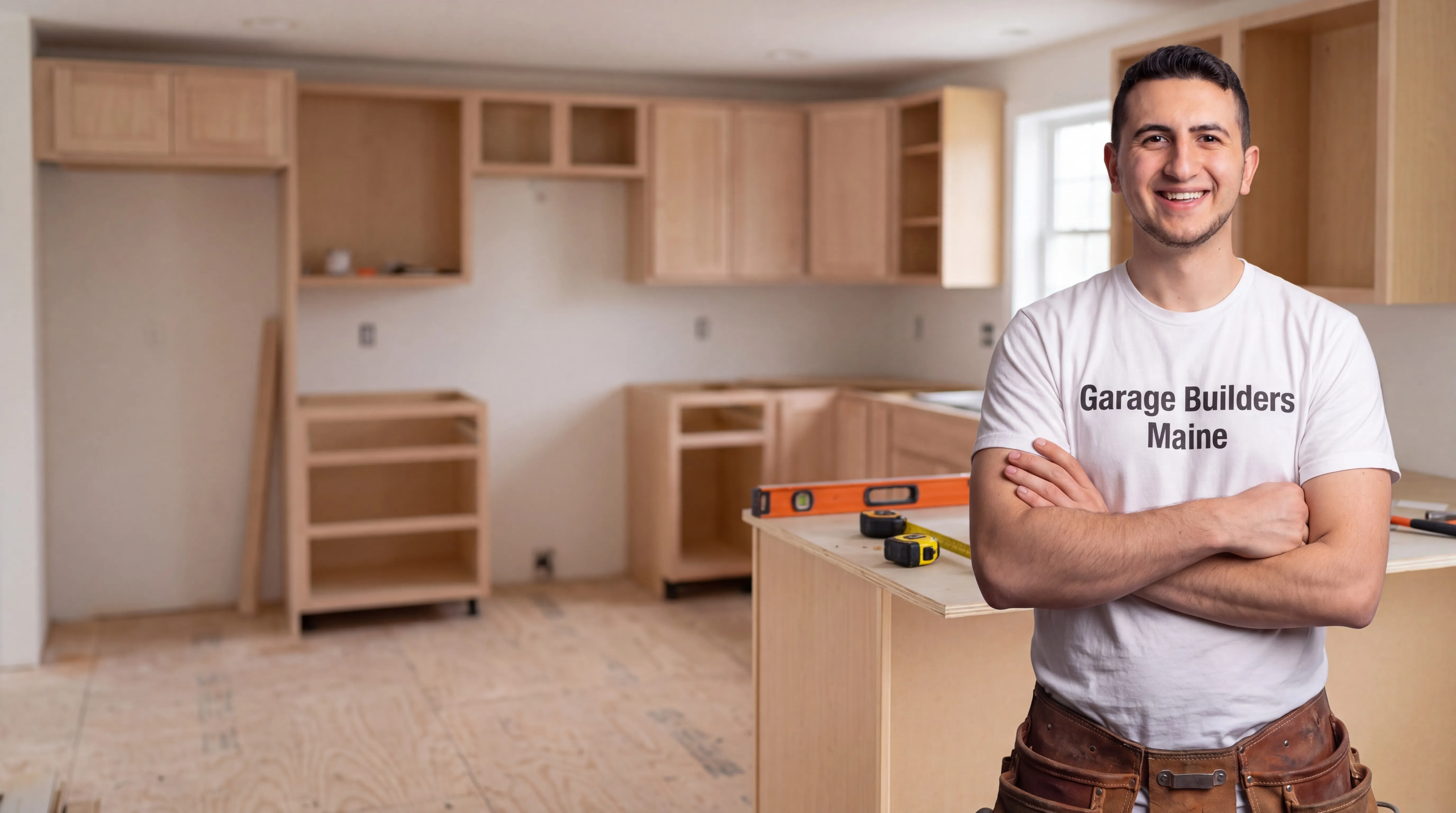 Owner of Garage Builders Maine standing with his arms crossed and smiling at a Maine job site