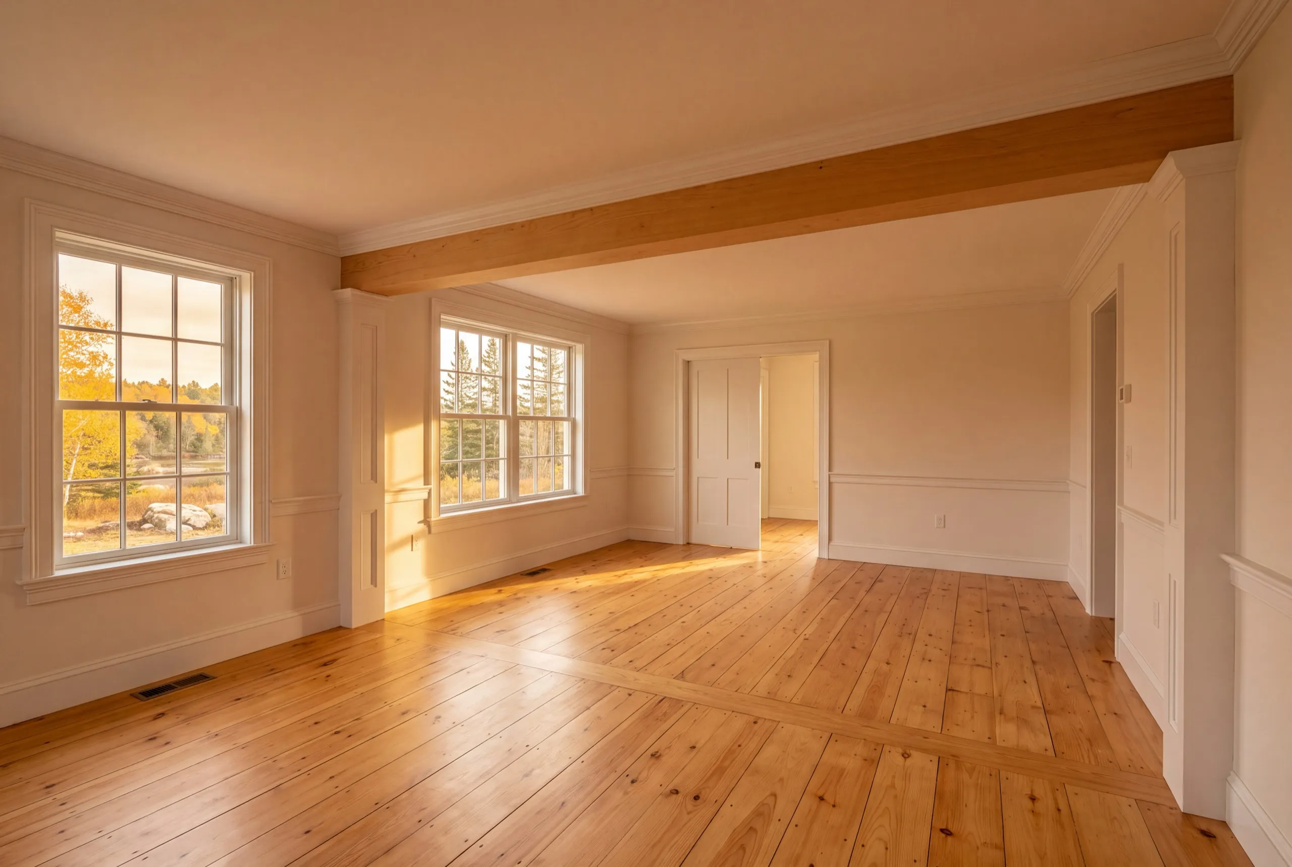 Home remodeling contractor Dresden Maine: opened first floor with a cased beam across the ceiling and wide pine floors