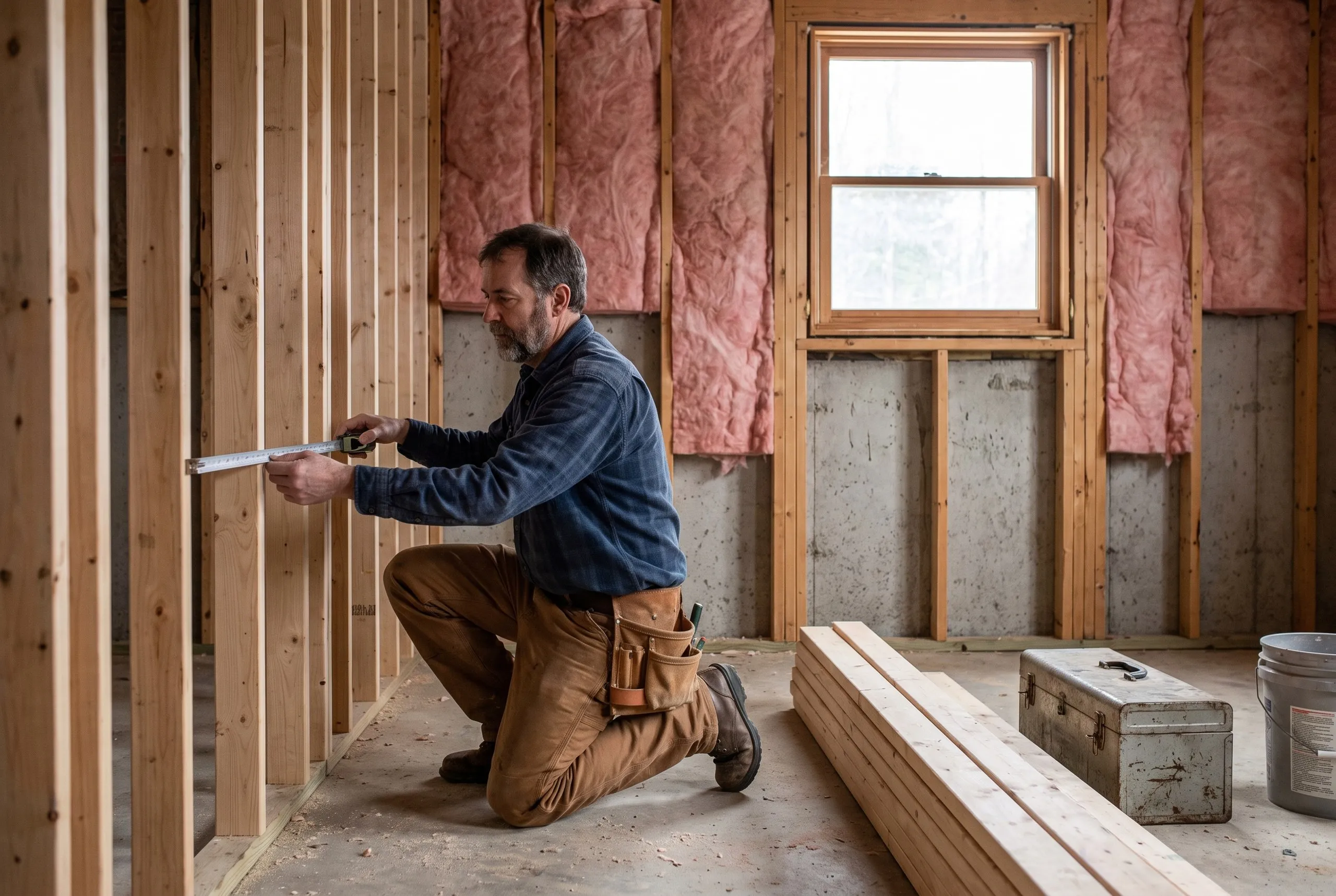 Home remodeling contractor Farmingdale Maine: man measures new stud framing in a basement with pink batts along the upper walls