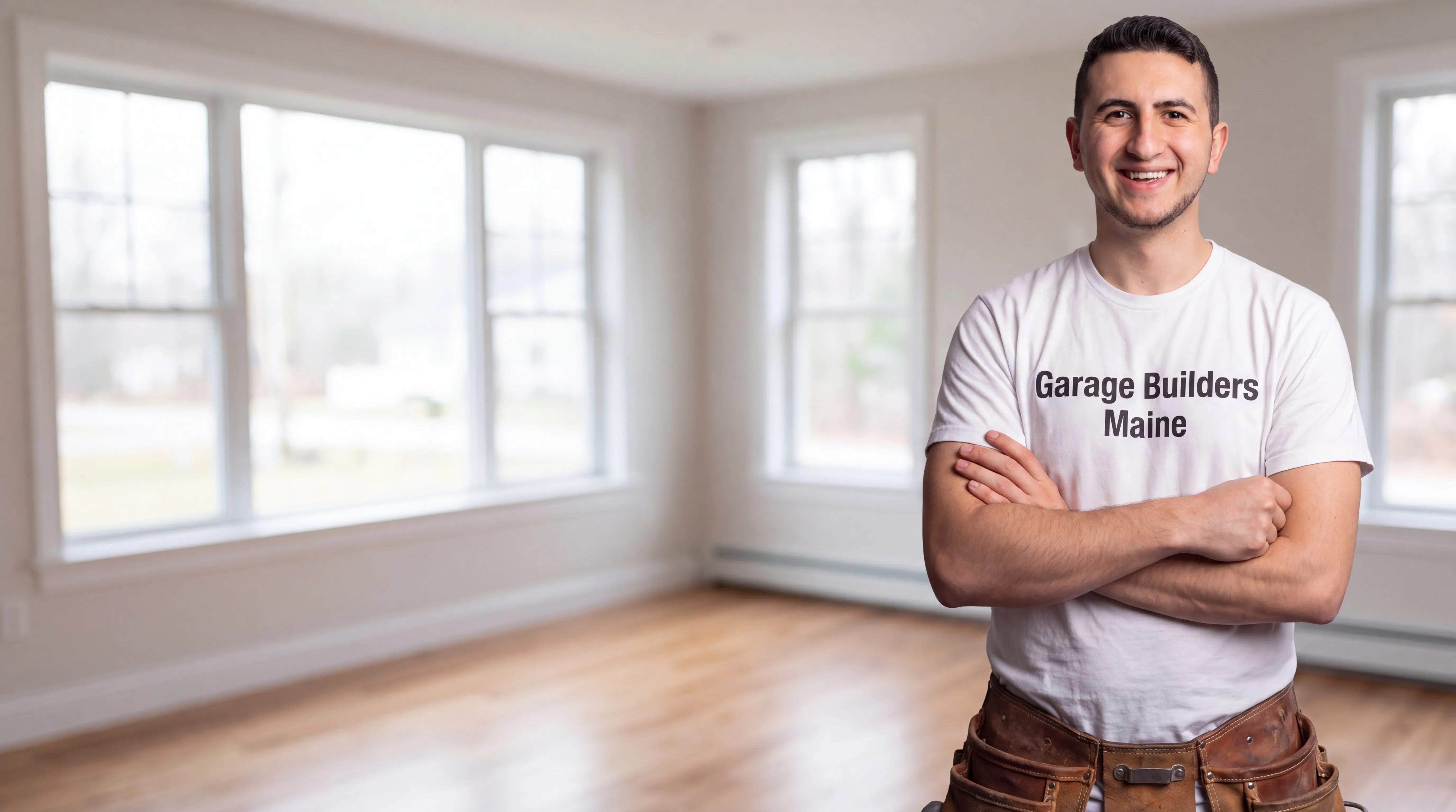 Owner of Garage Builders Maine standing with his arms crossed and smiling at a Maine job site