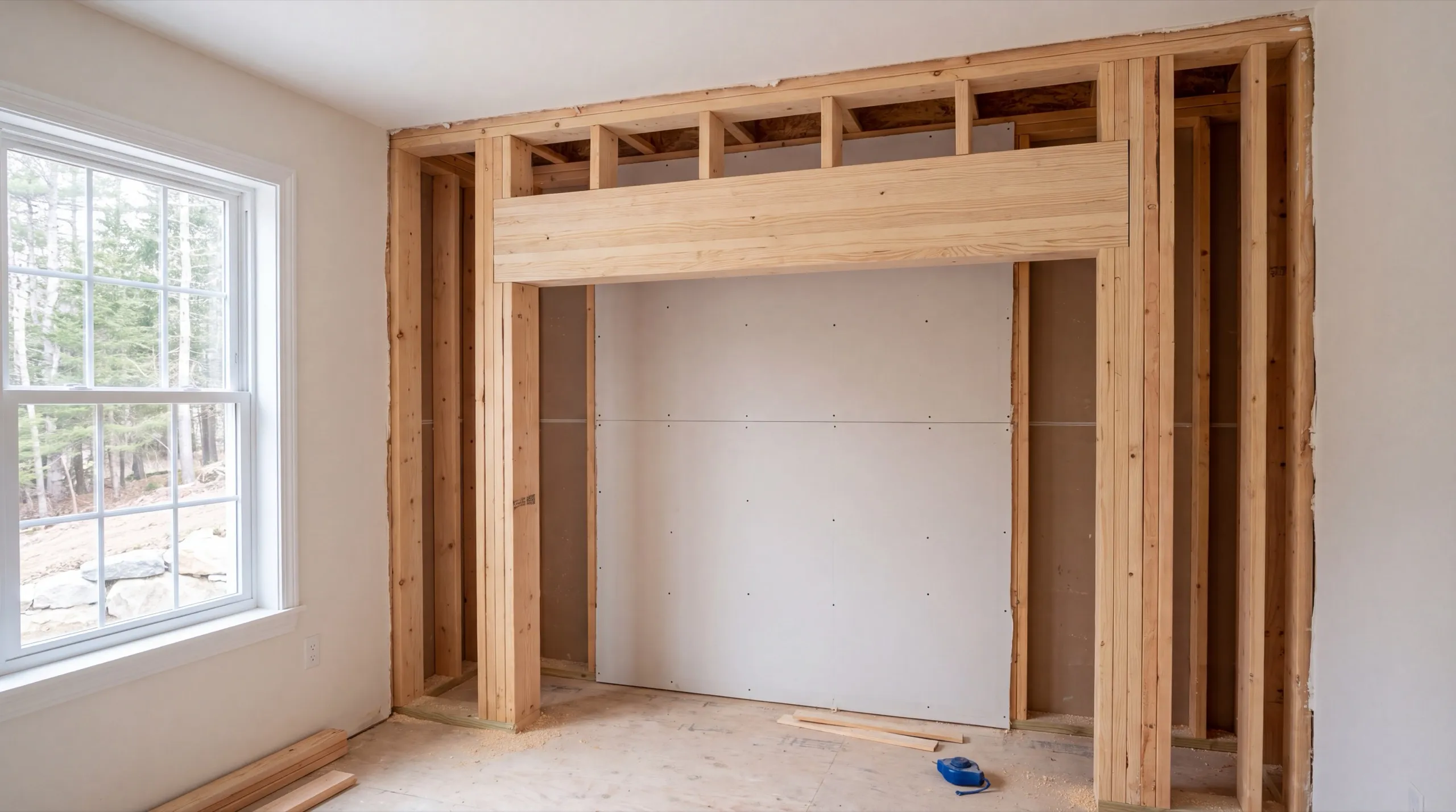 Home remodeling contractor Farmingdale Maine: new header and stud framing set into an opened wall in a finished room
