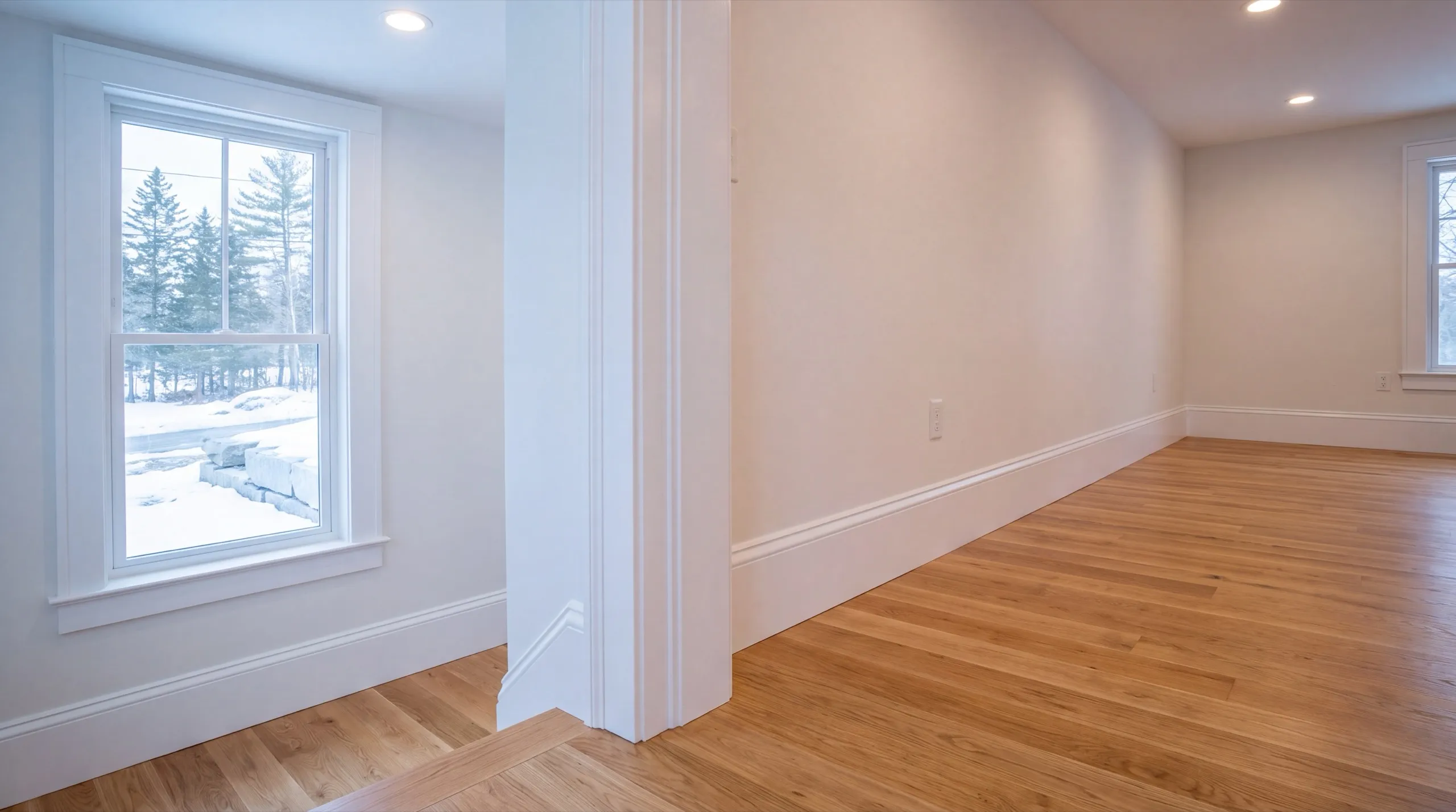 Home remodeling contractor Central Maine: empty room with painted window casing, corner trim and baseboard on wood floors