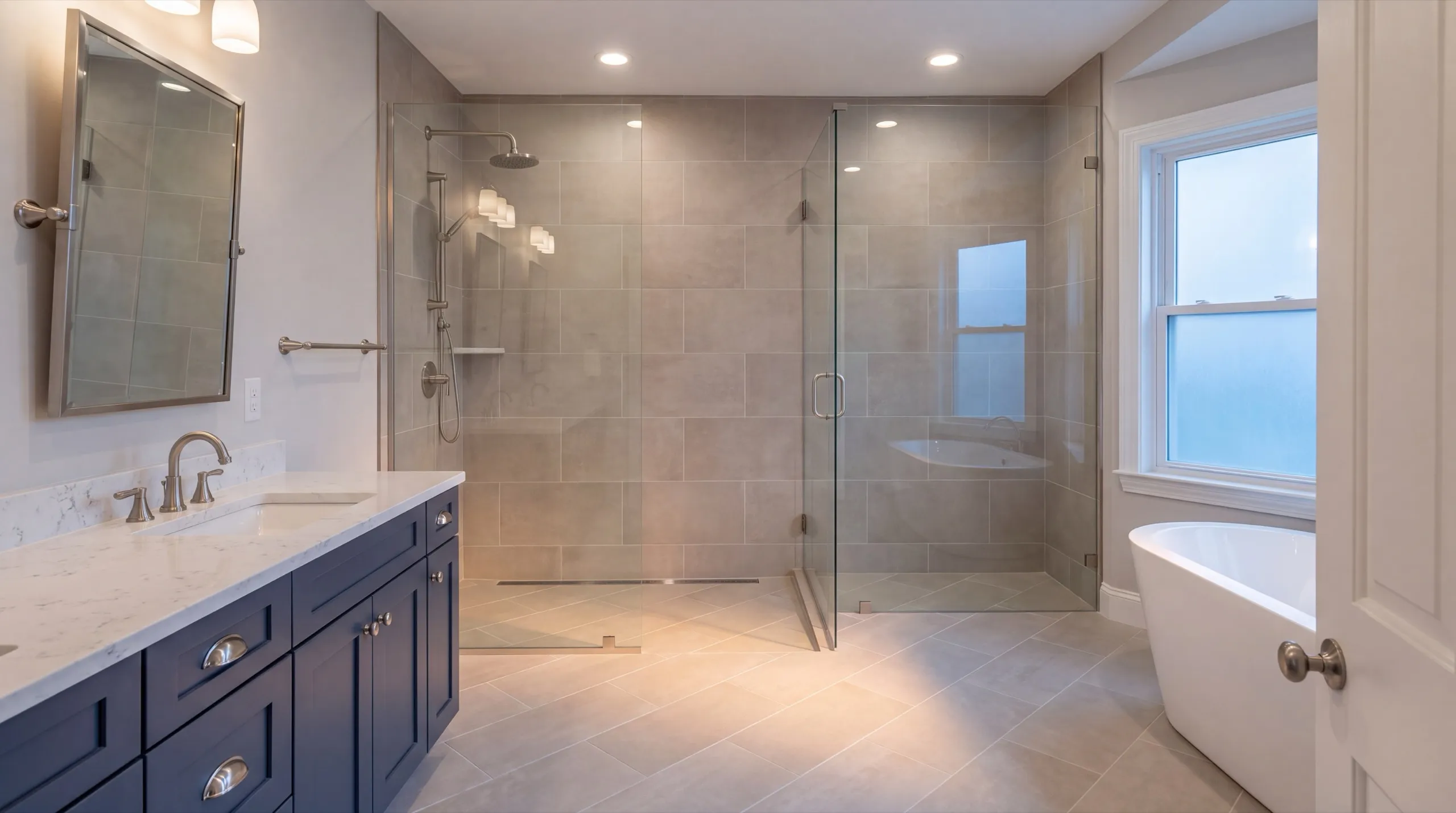 Remodeling Gardiner Maine: bathroom with a navy vanity, glass shower, freestanding tub and tile floor