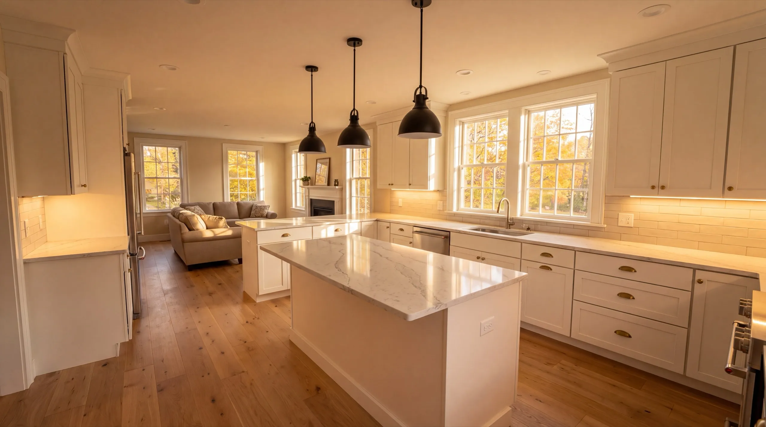Remodeling in Gardiner, ME: finished white kitchen with a marble island, three pendants and oak floor
