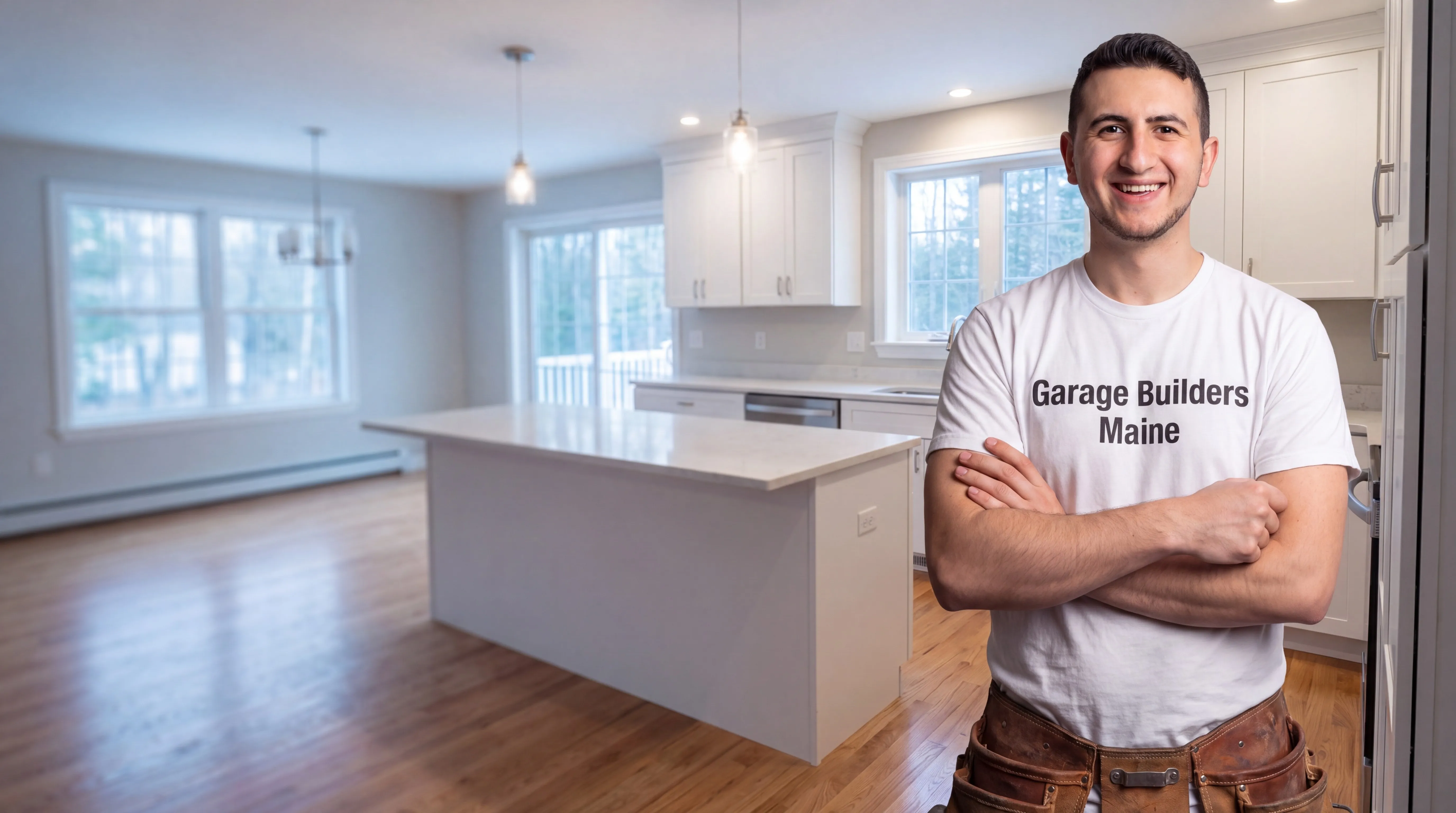 Owner of Garage Builders Maine standing with his arms crossed and smiling at a Maine job site