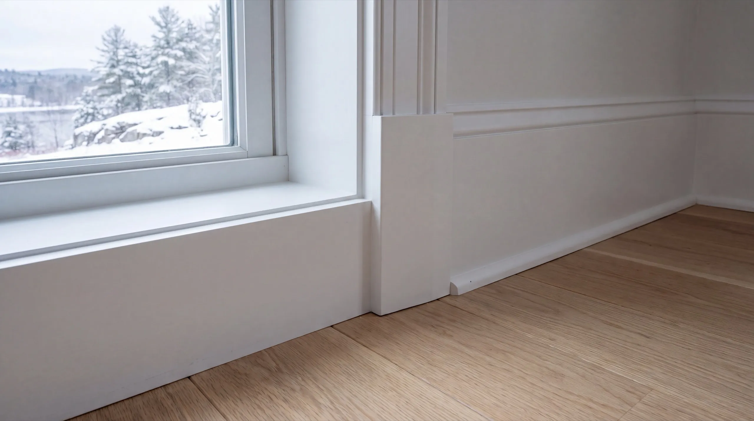 Home remodeling contractor Hallowell Maine: painted window stool, fluted casing and tall baseboard on an oak floor