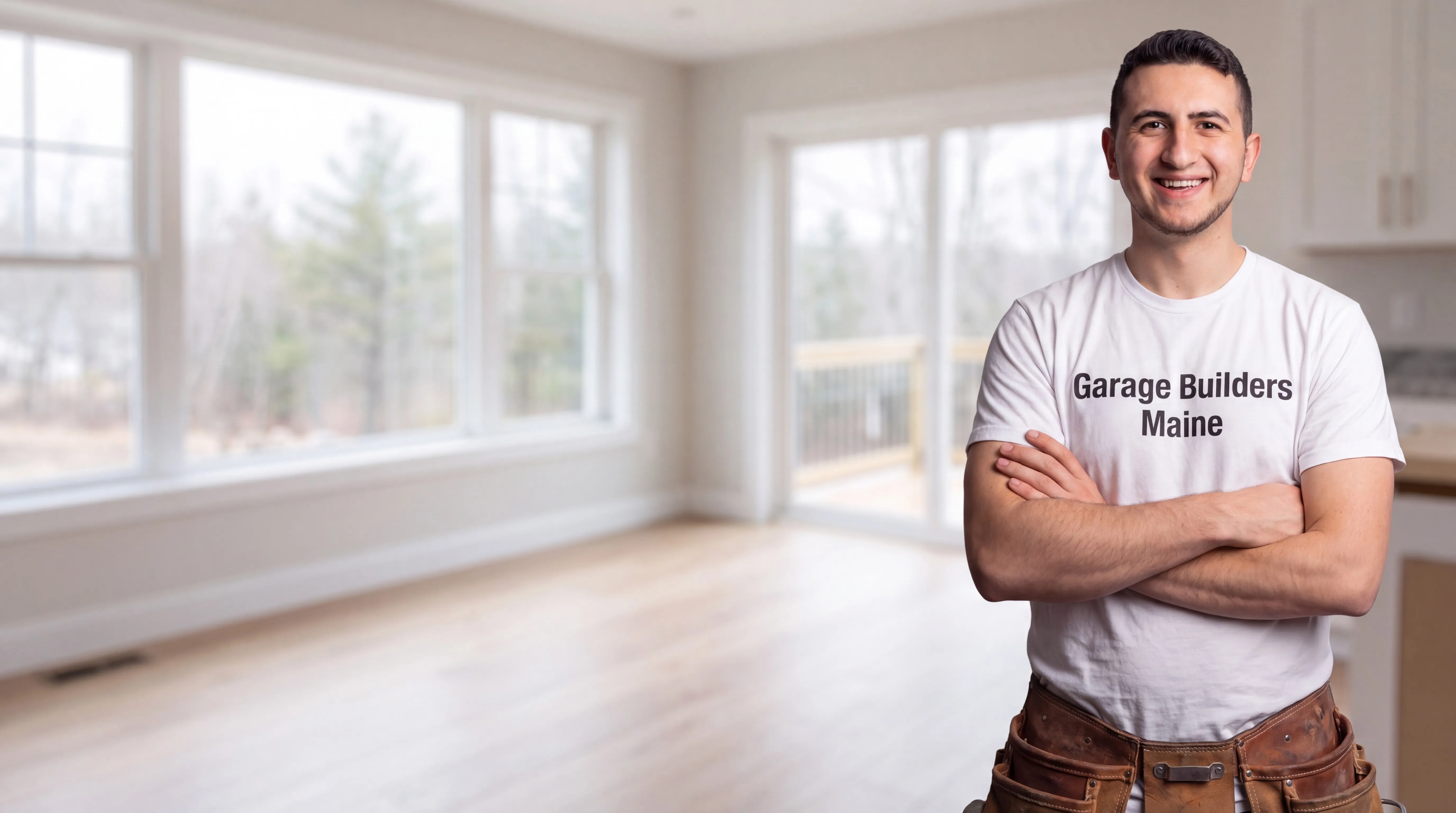 Owner of Garage Builders Maine standing with his arms crossed and smiling at a Maine job site