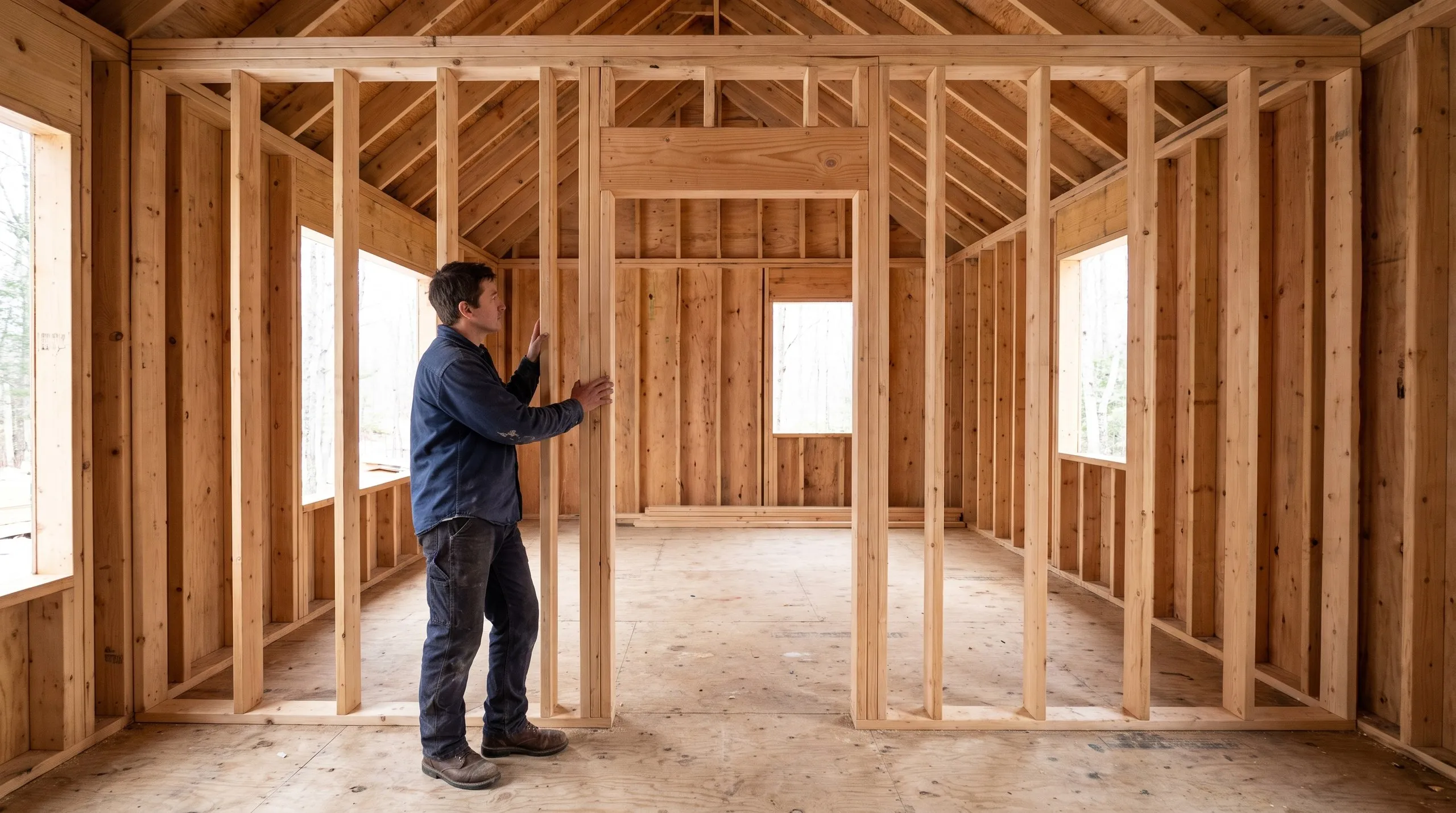 Home remodeling contractor Hallowell Maine: man checking new stud framing at a doorway header in an open framed interior