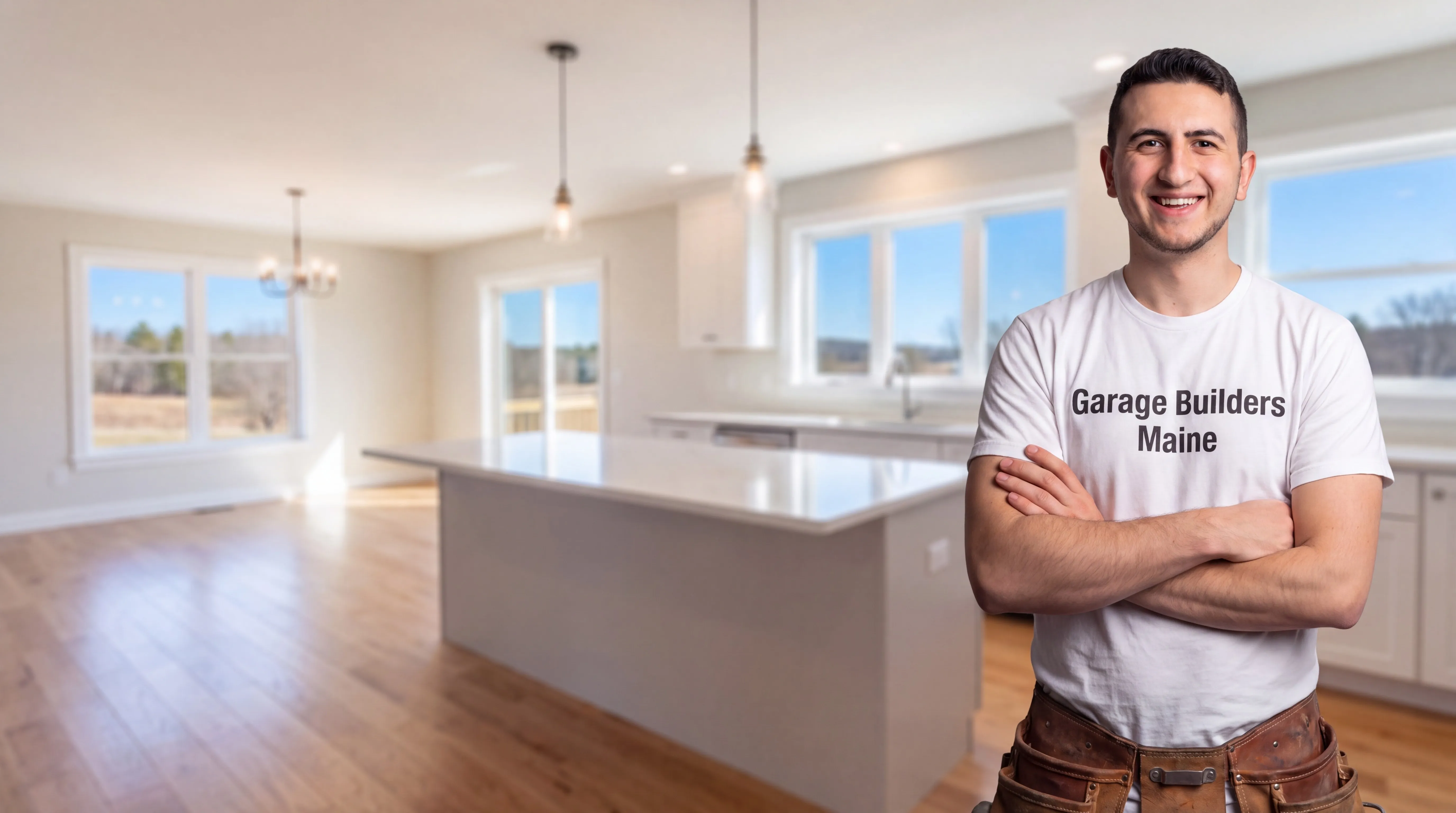 Owner of Garage Builders Maine standing with his arms crossed and smiling at a Maine job site