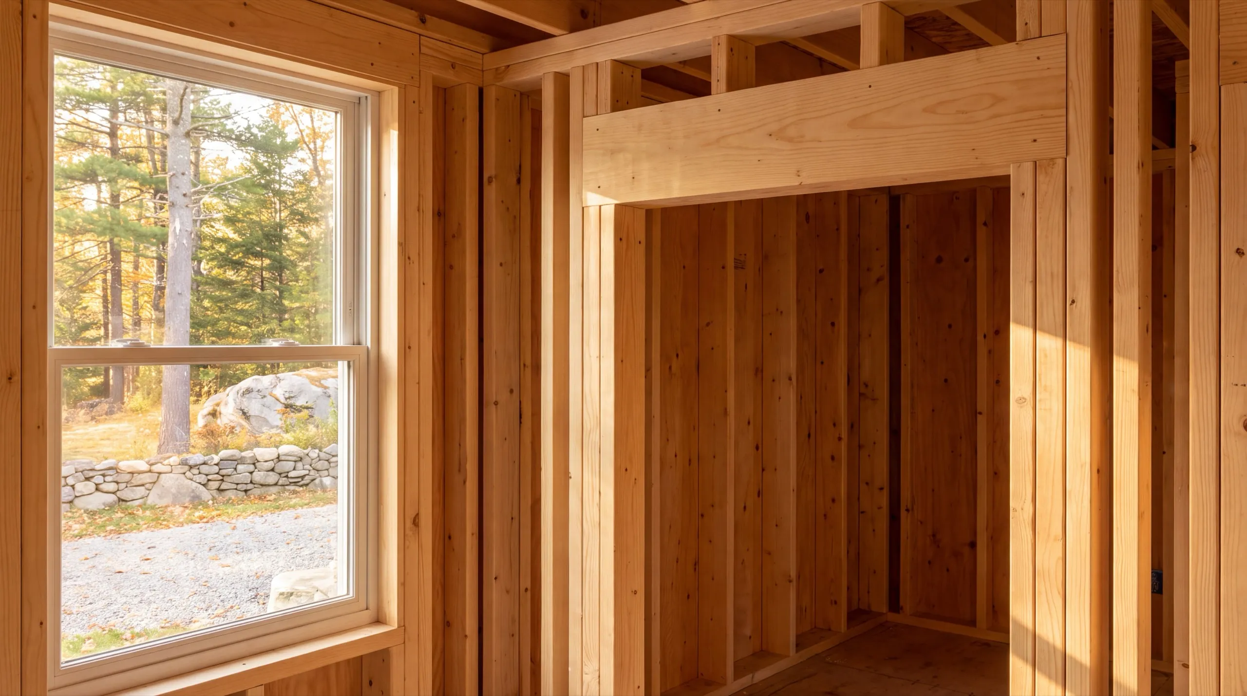 Home remodeling contractor Jefferson Maine: new wall framing with a header over an opening beside a window