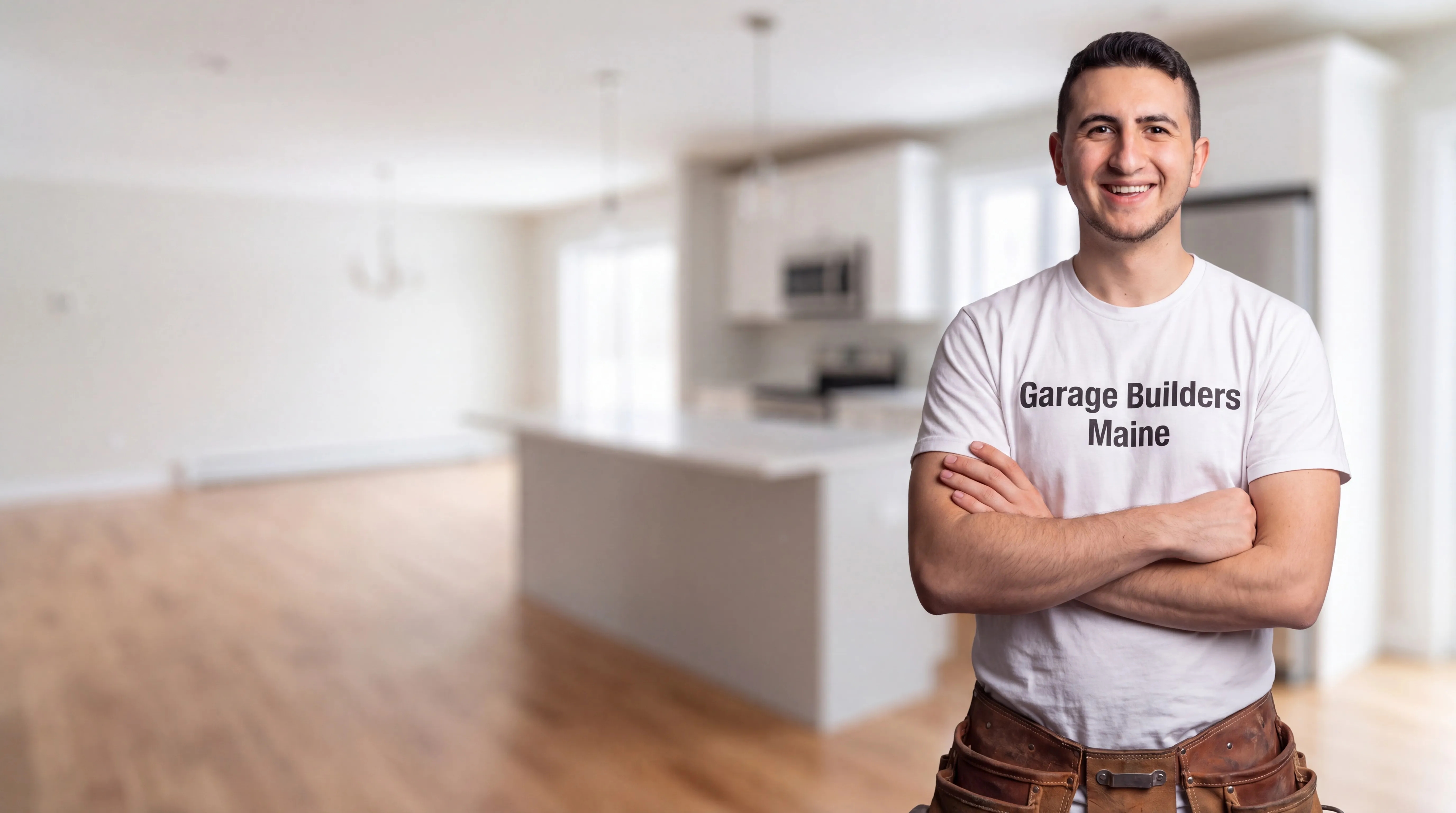 Owner of Garage Builders Maine standing with his arms crossed and smiling at a Maine job site