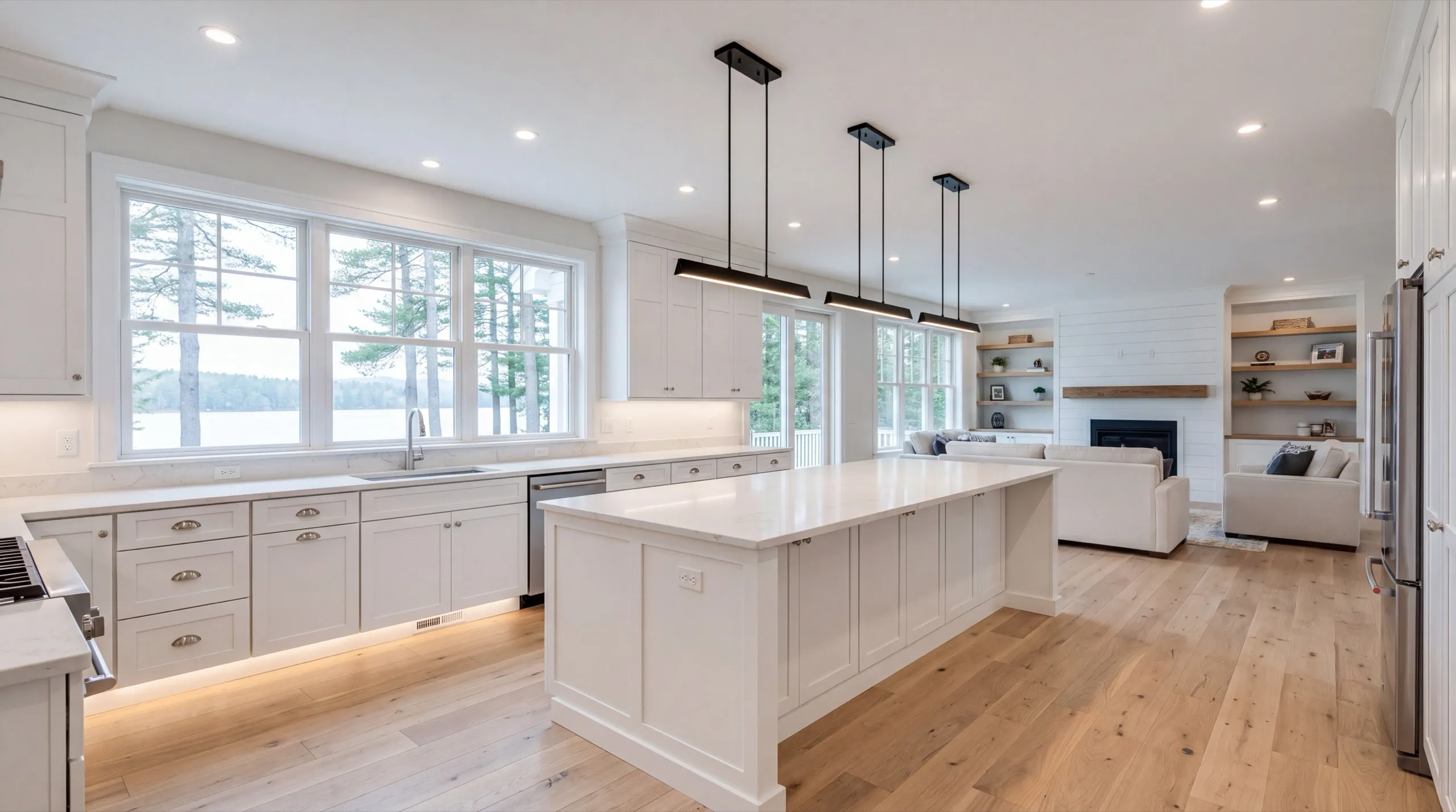 Remodeling in Manchester, ME: finished white kitchen with a long island, linear pendants and lake windows
