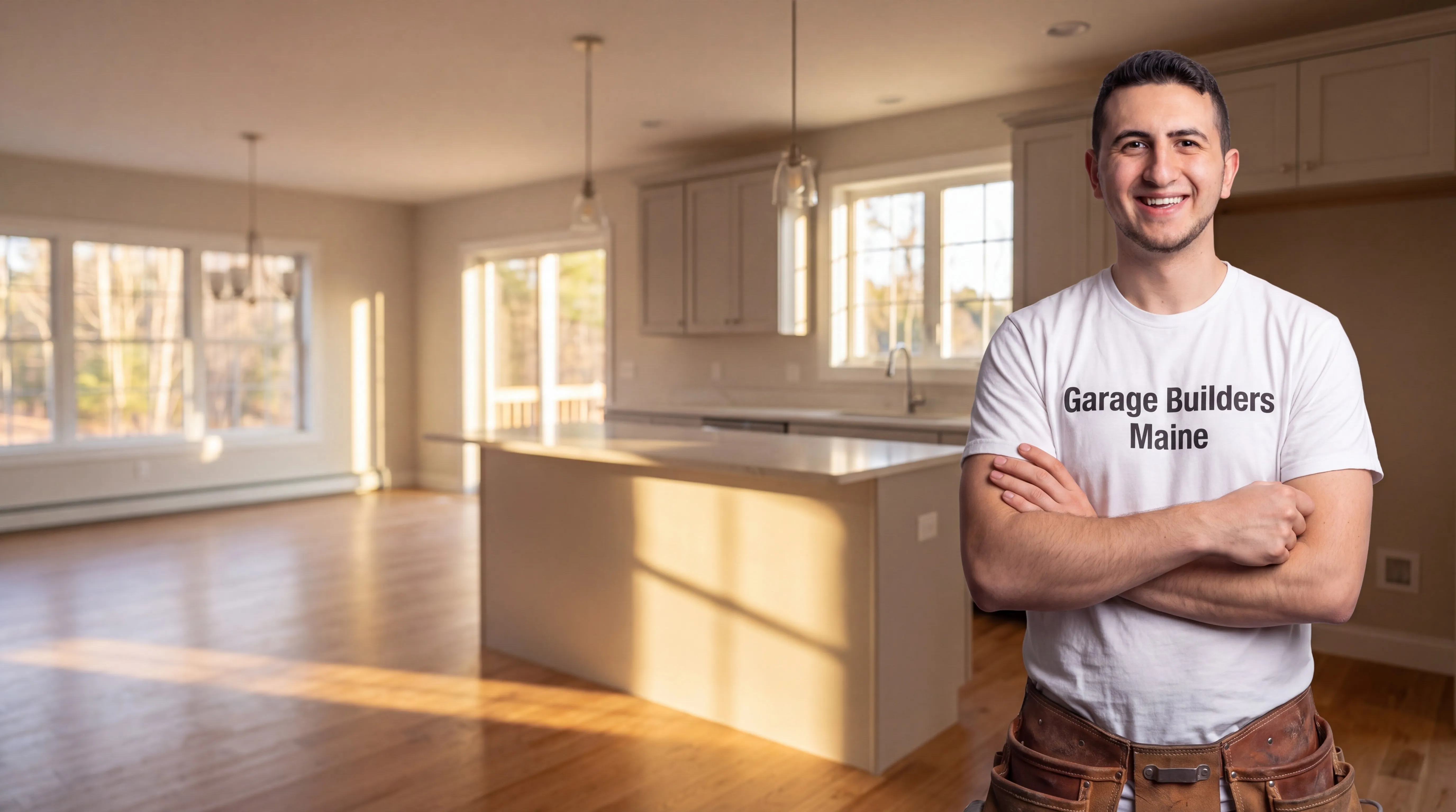 Owner of Garage Builders Maine standing with his arms crossed and smiling at a Maine job site